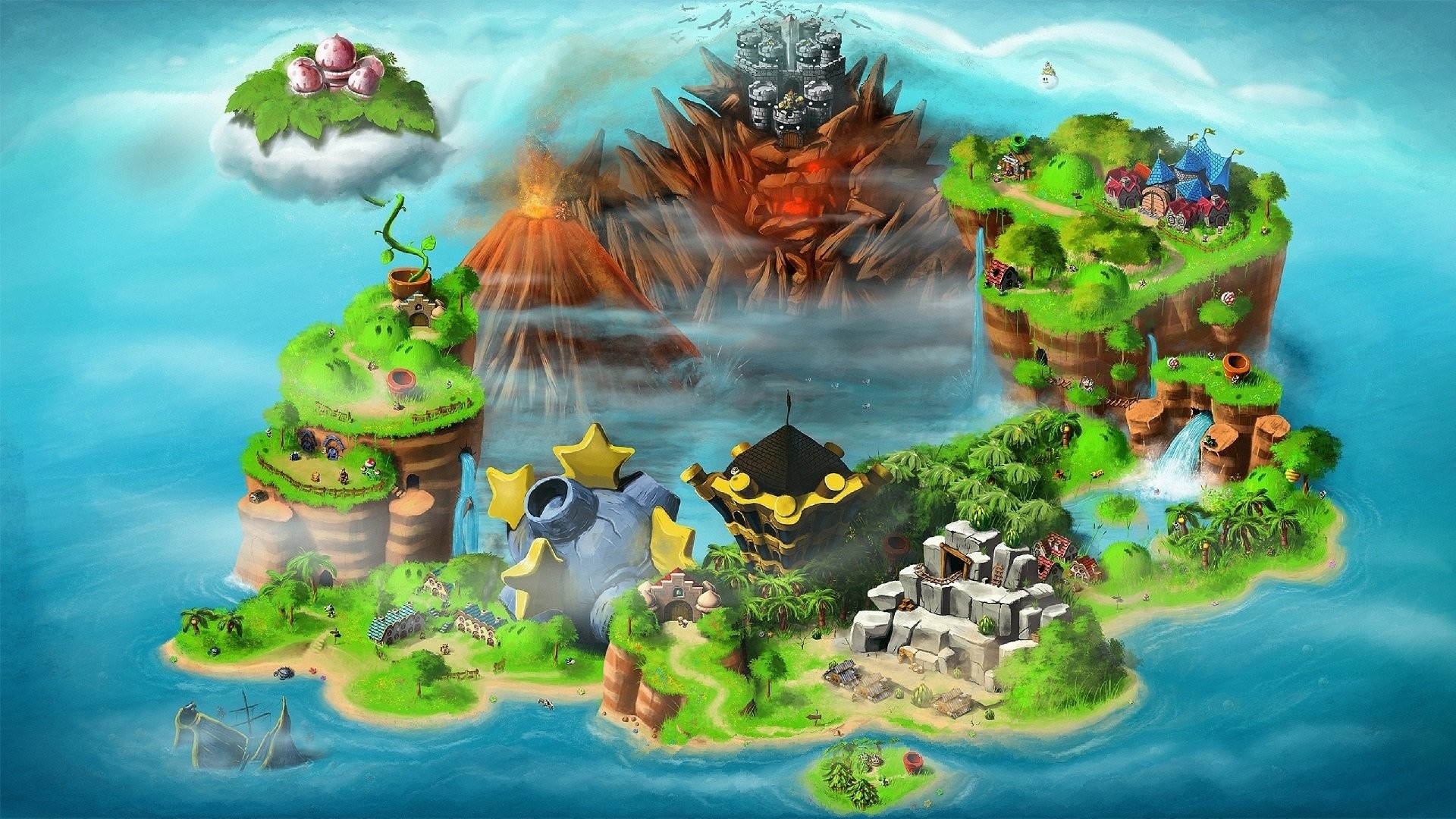 Isole, Mappa del mondo, Vulcano, Mondo fantastico, Full HD 1080p, sfondo desktop