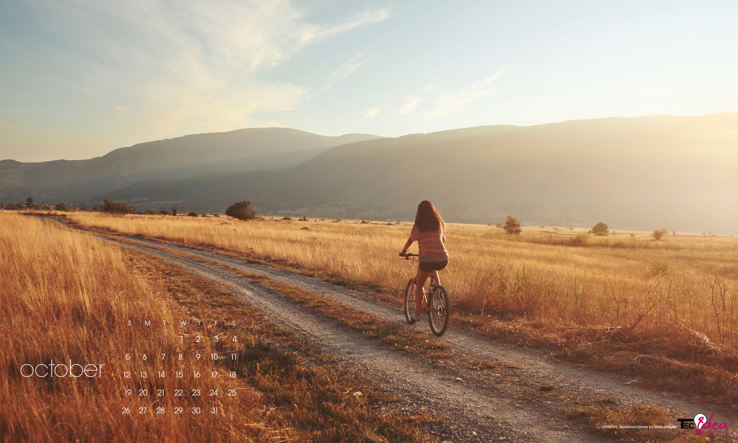 Ragazza in bicicletta, Strada sterrata, Campo dorato, Calendario ottobre, Tramonto, sfondo 2K