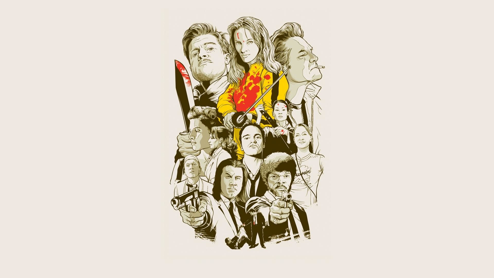Quentin Tarantino, Kill Bill, Pulp Fiction, Personaggi, Illustrazione, Sfondo beige, wallpaper desktop