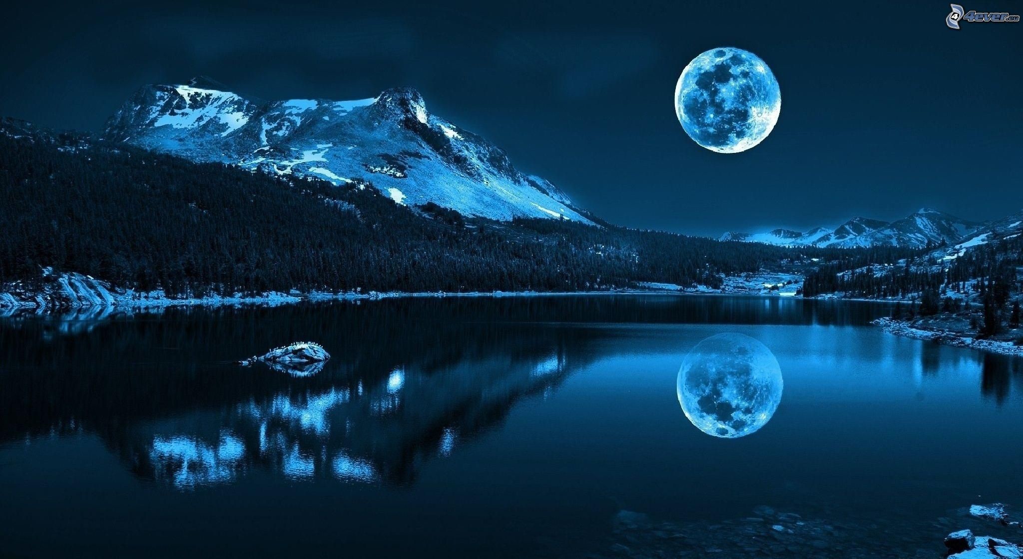 Luna piena, Montagne innevate, Lago, Riflesso, Full HD, wallpaper per portatile