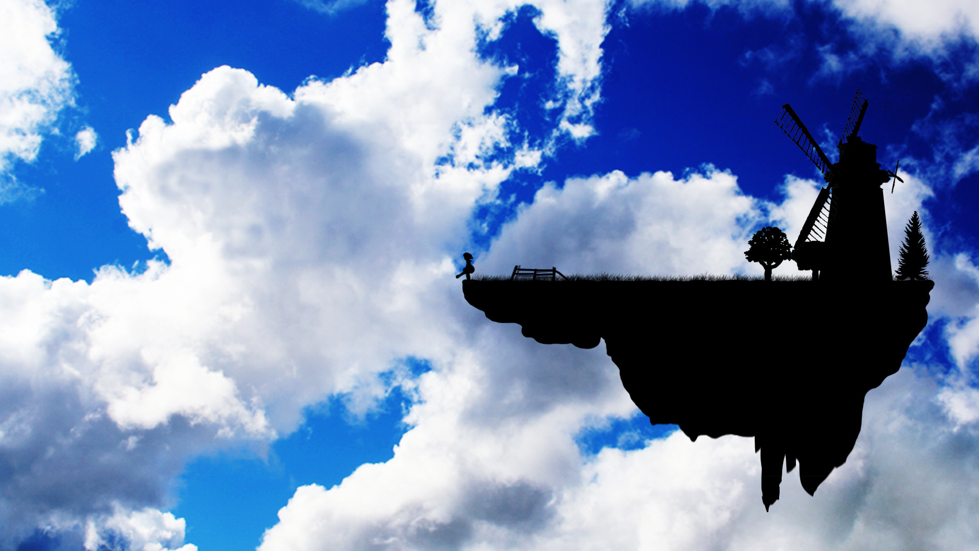 Gorillaz, Feel Good Inc., Isola volante, Mulino a vento, Silhouette, sfondo Windows 11