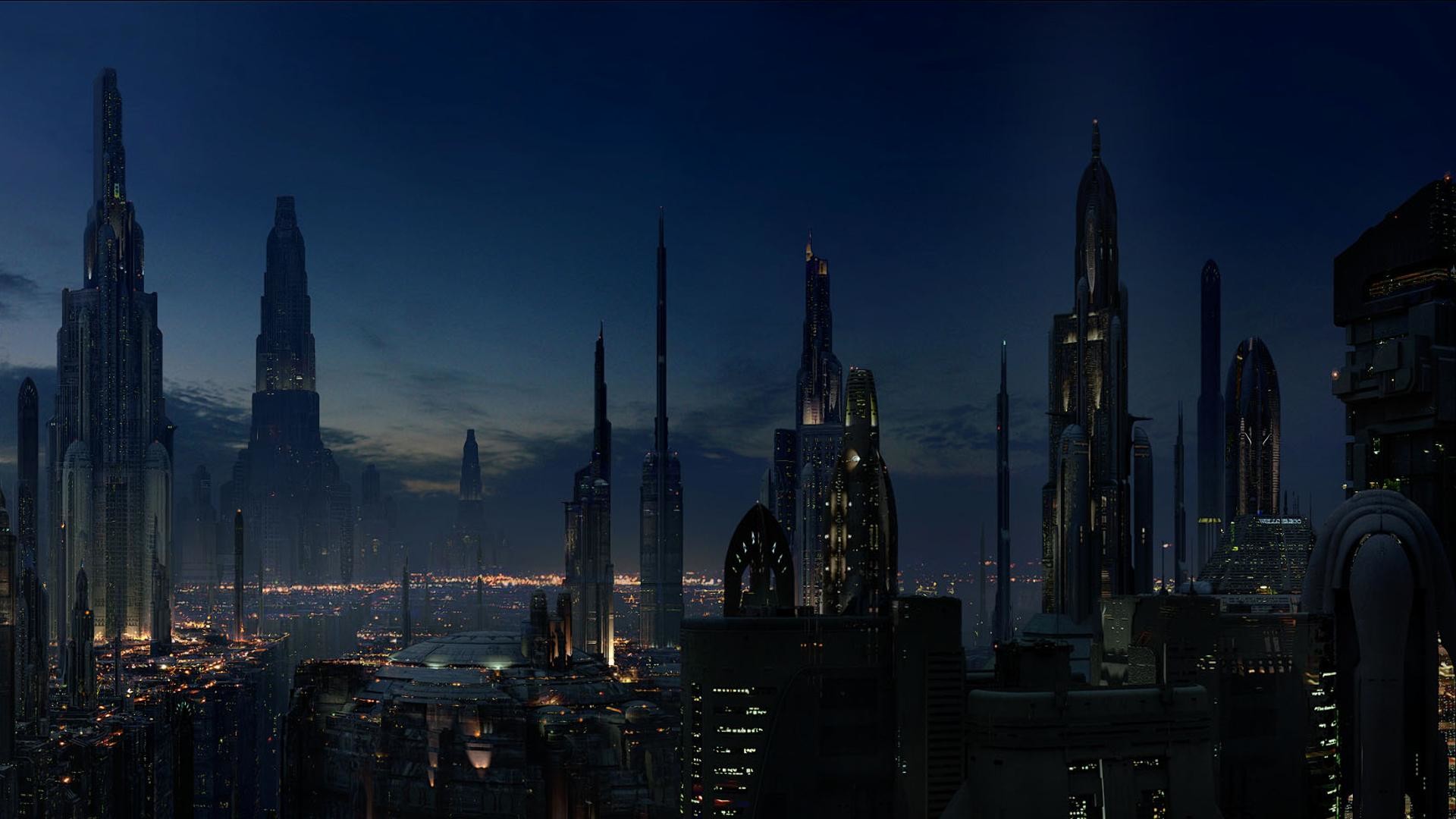 Città futuristica, Notte, Guglie, Grattacieli, Fantascienza, Full HD, sfondo per PC
