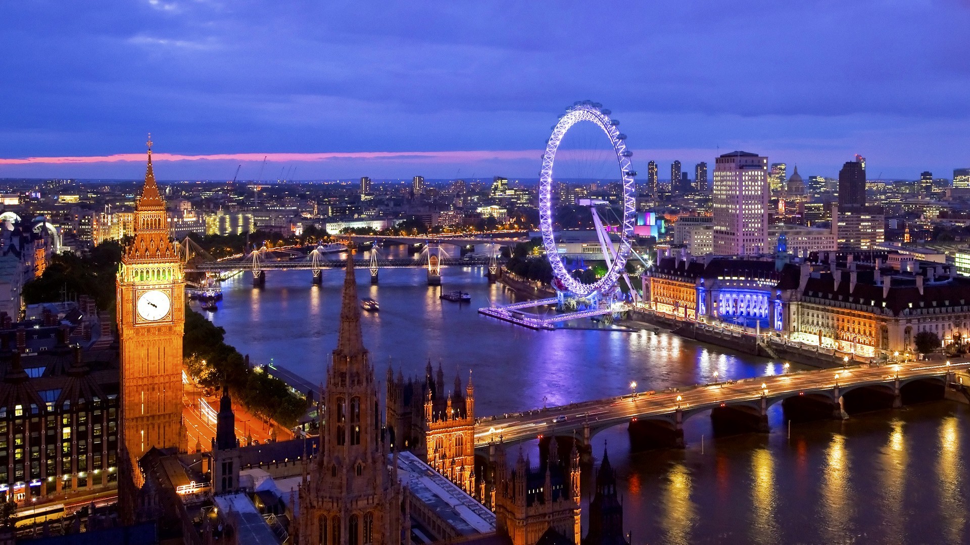 Big Ben, London Eye, Tamigi, Londra, Notte, Full HD, sfondo per PC