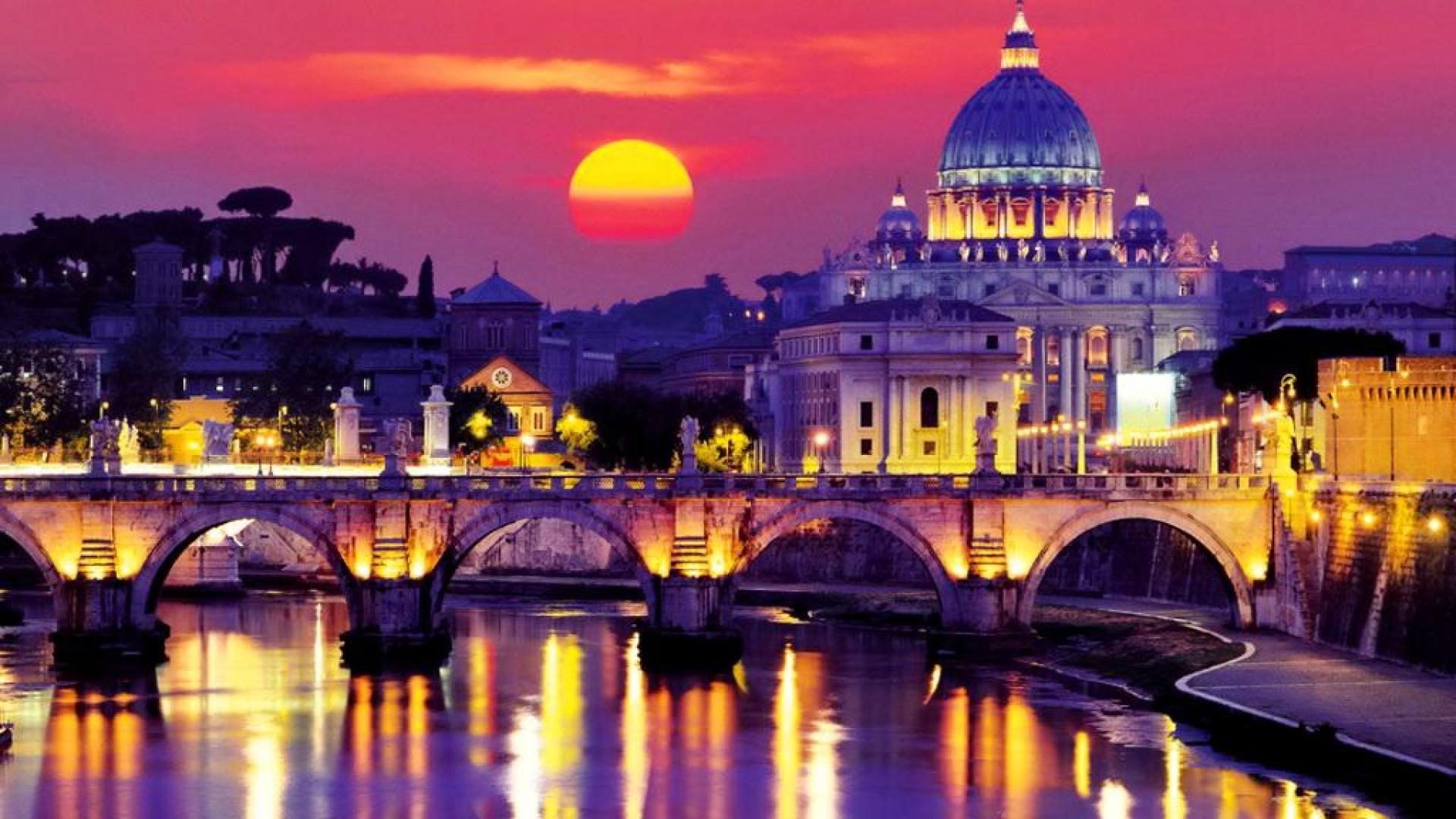 Basilica di San Pietro, Ponte Sant'Angelo, Tevere, Roma, Tramonto, Sole rosso, sfondo desktop