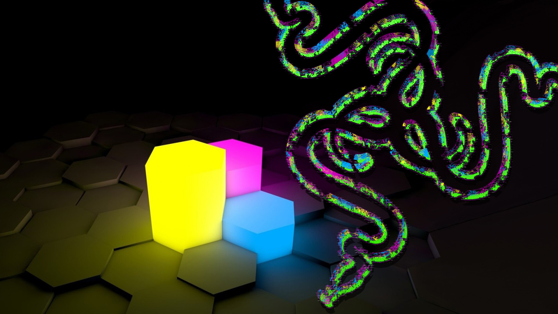 Razer, Logo Razer, Cubi luminosi, Colori neon, Esagoni, 16:9 Full HD, sfondo widescreen