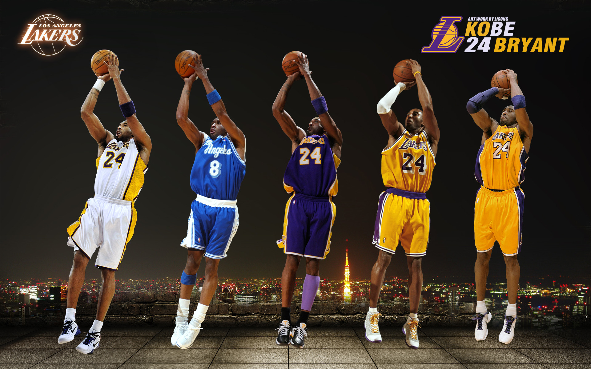 Kobe Bryant, Los Angeles Lakers, Evoluzione delle maglie, Tiro, 16:10 Full HD, sfondo widescreen
