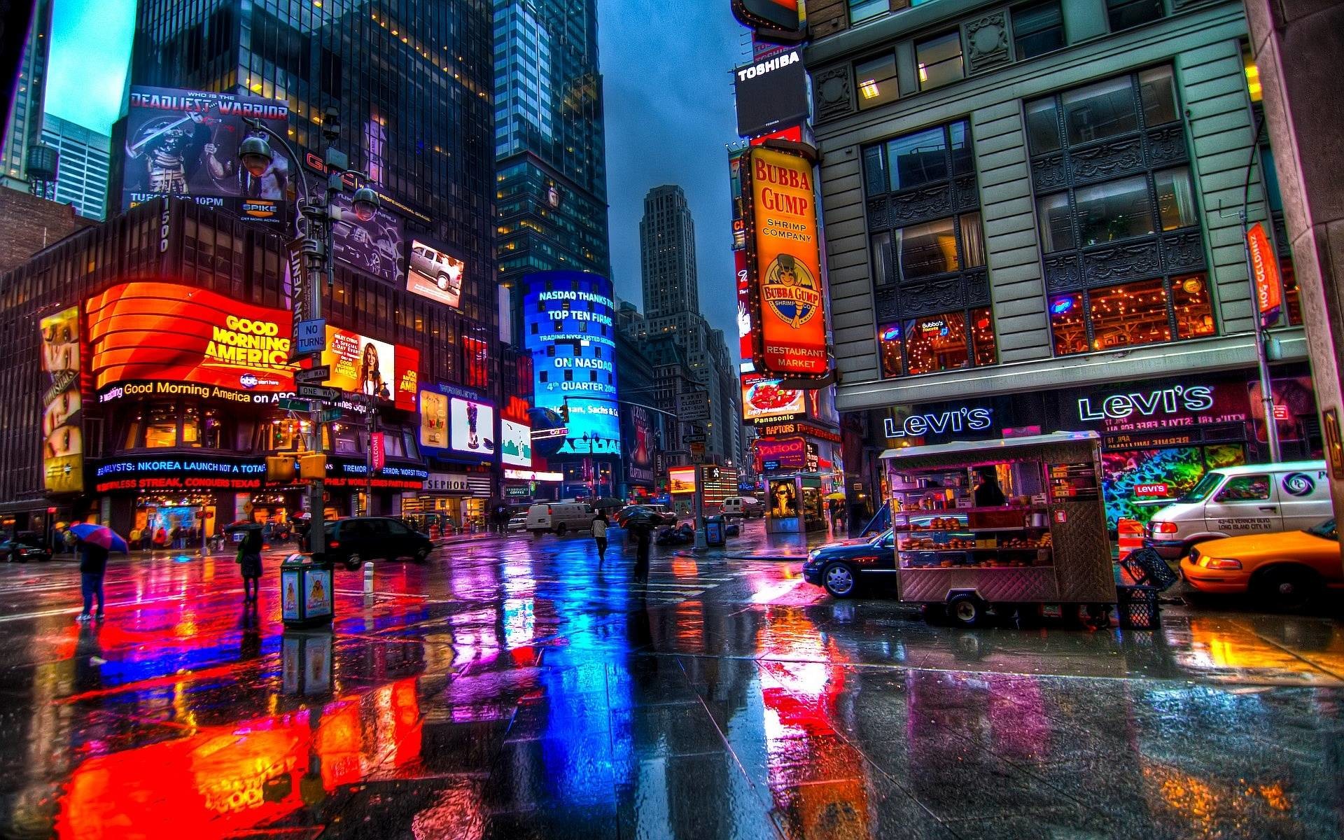 Times Square, Pioggia, Insegne luminose, Riflessi, 1920x1200, immagine di sfondo
