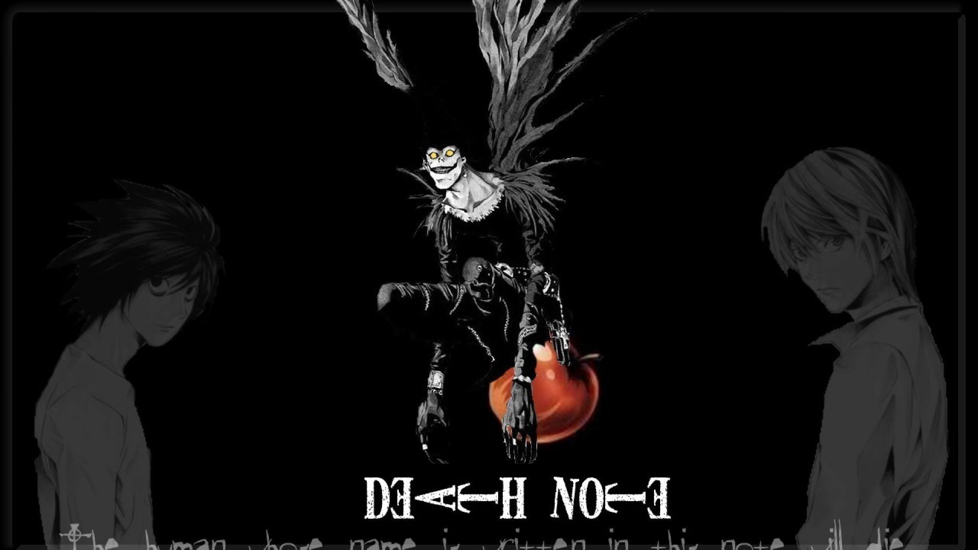 Ryuk, L, Light Yagami, Death Note, Mela, Sfondo nero, 1920x1080, wallpaper desktop