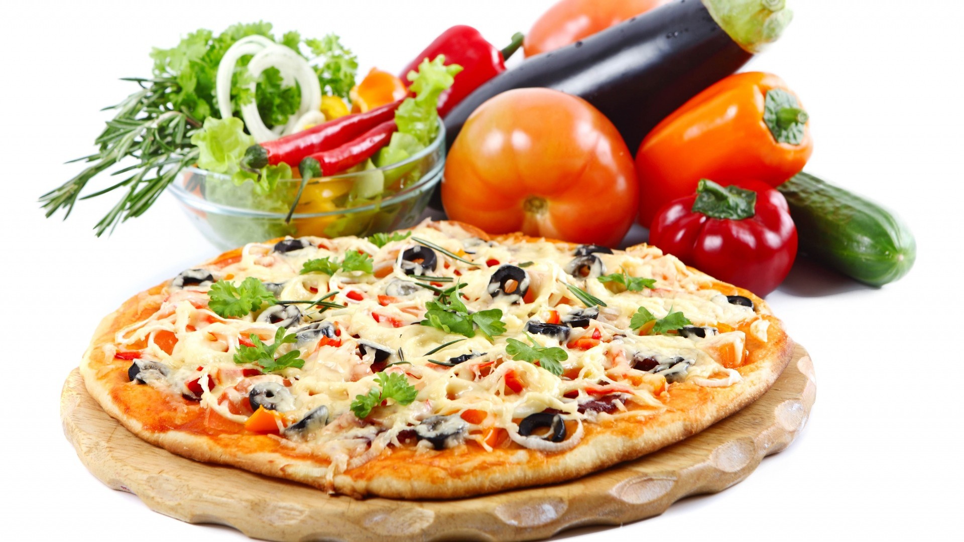 Pizza, Verdure, Peperoni, Melanzana, Sfondo bianco, Full HD, wallpaper per PC