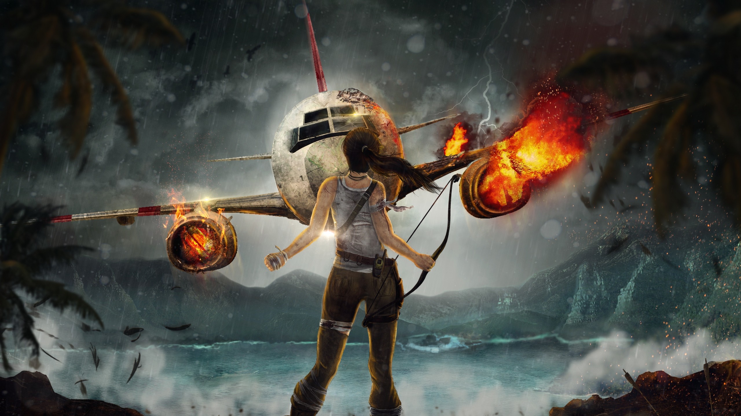 Lara Croft, Tomb Raider, Aereo in fiamme, Spiaggia, Fan art, 2K, sfondo Windows 11