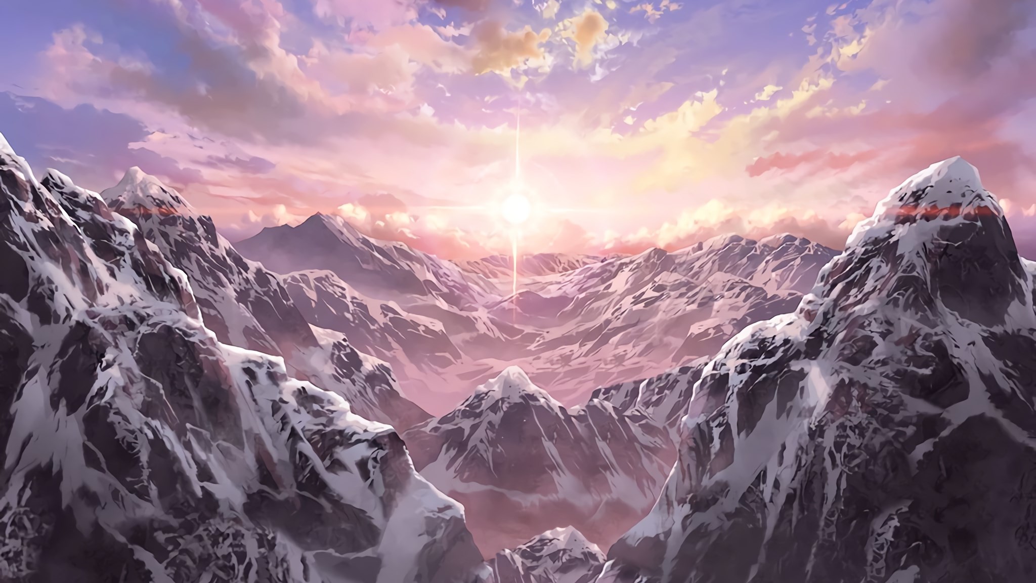 Sword Art Online, Montagne innevate, Tramonto, Paesaggio, Full HD, sfondo per PC e portatile