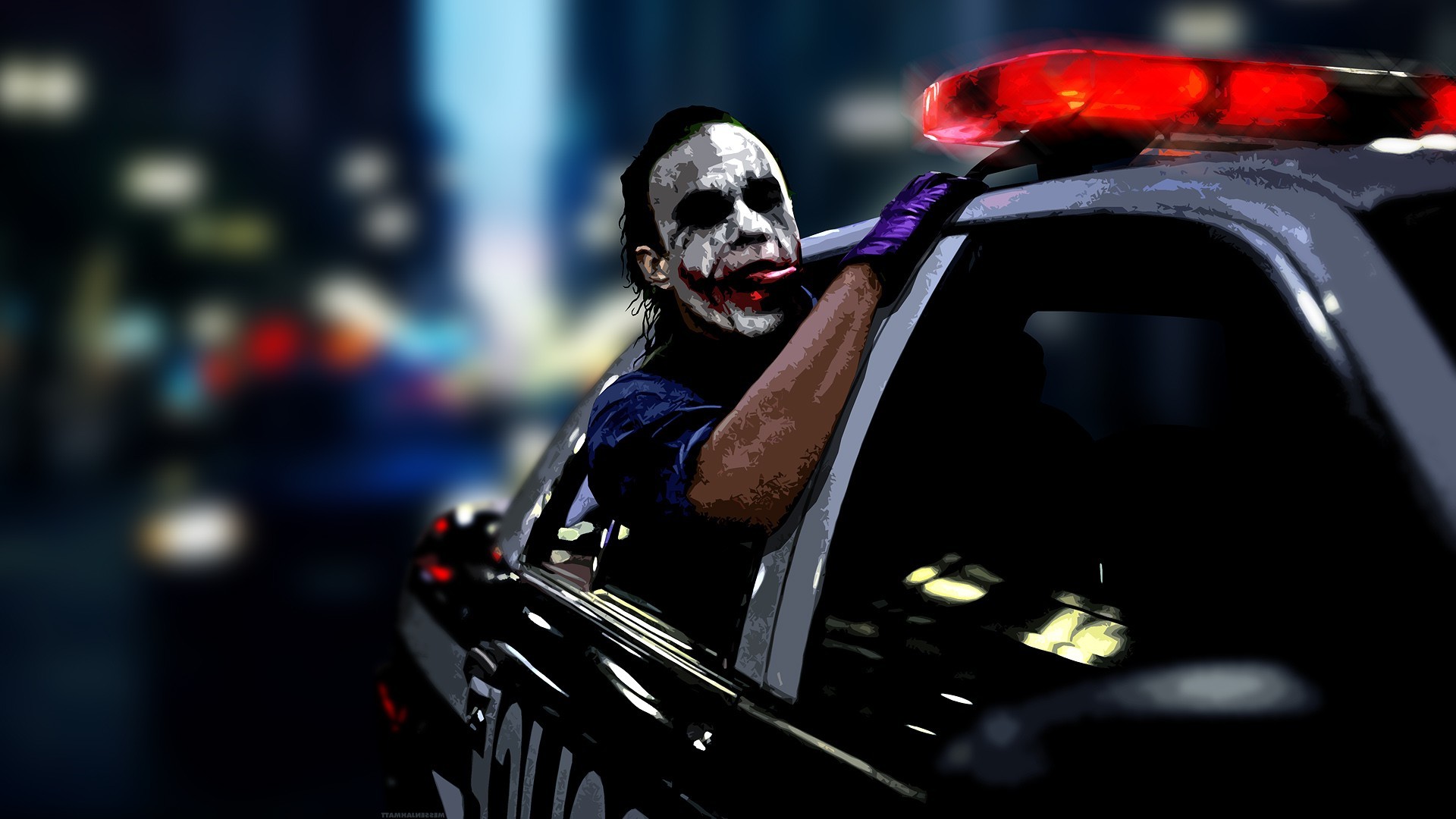 Joker, Heath Ledger, Il cavaliere oscuro, Auto della polizia, Notte, sfondo Windows 11