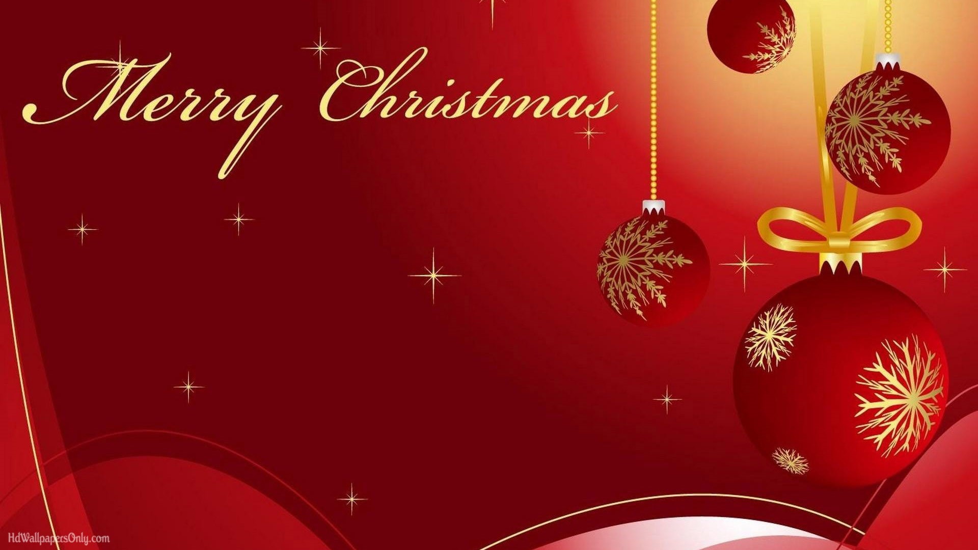 Merry Christmas, Palline rosse, Fiocco dorato, Sfondo rosso, Stelle, wallpaper desktop Full HD