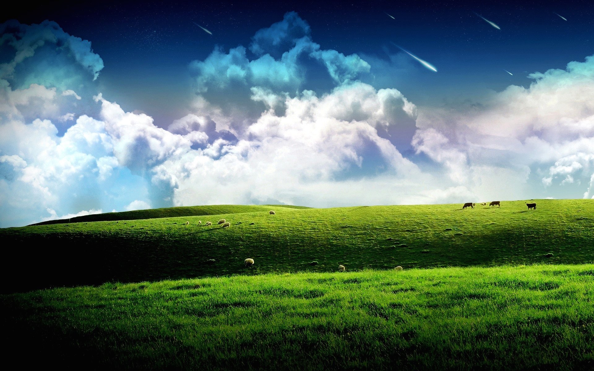 Prato, Stelle cadenti, Nuvole, Collina, 1920x1200, sfondo per PC
