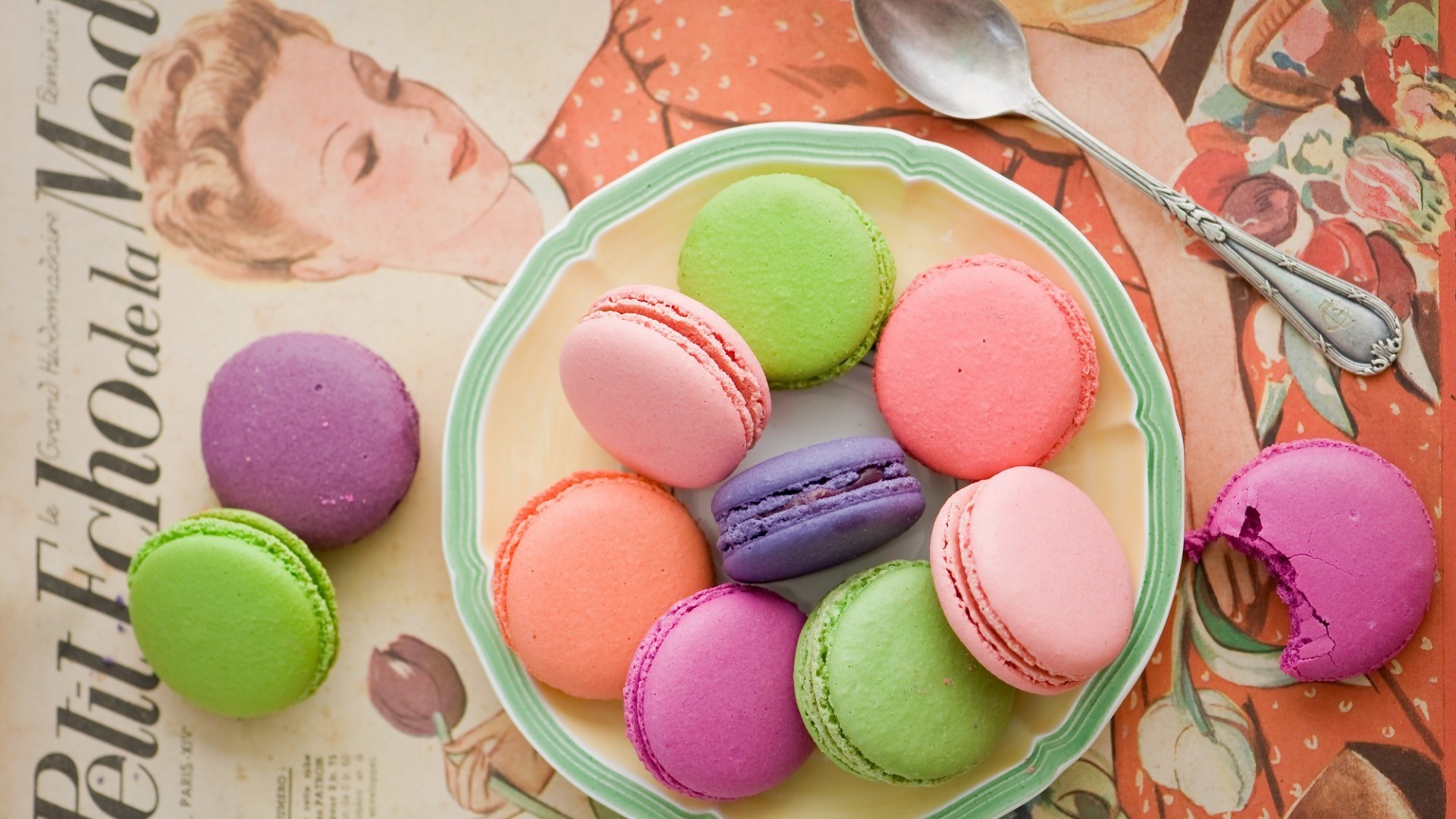 Macarons, Piatto, Rivista vintage, Colorati, Full HD 1080p, sfondo desktop