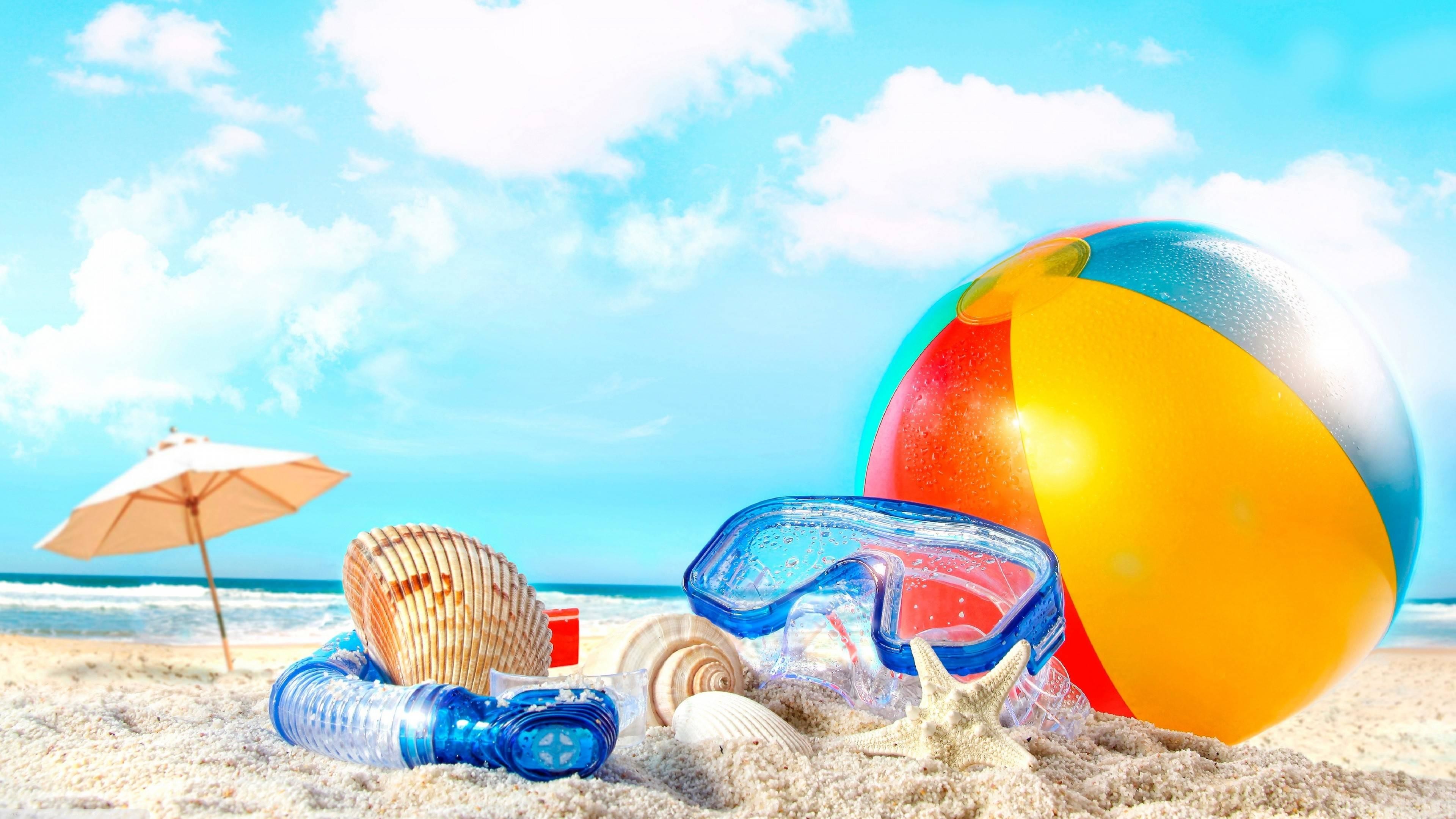 Pallone da spiaggia, Maschera da sub, Conchiglie, Ombrellone, Spiaggia, sfondo desktop 3840x2160