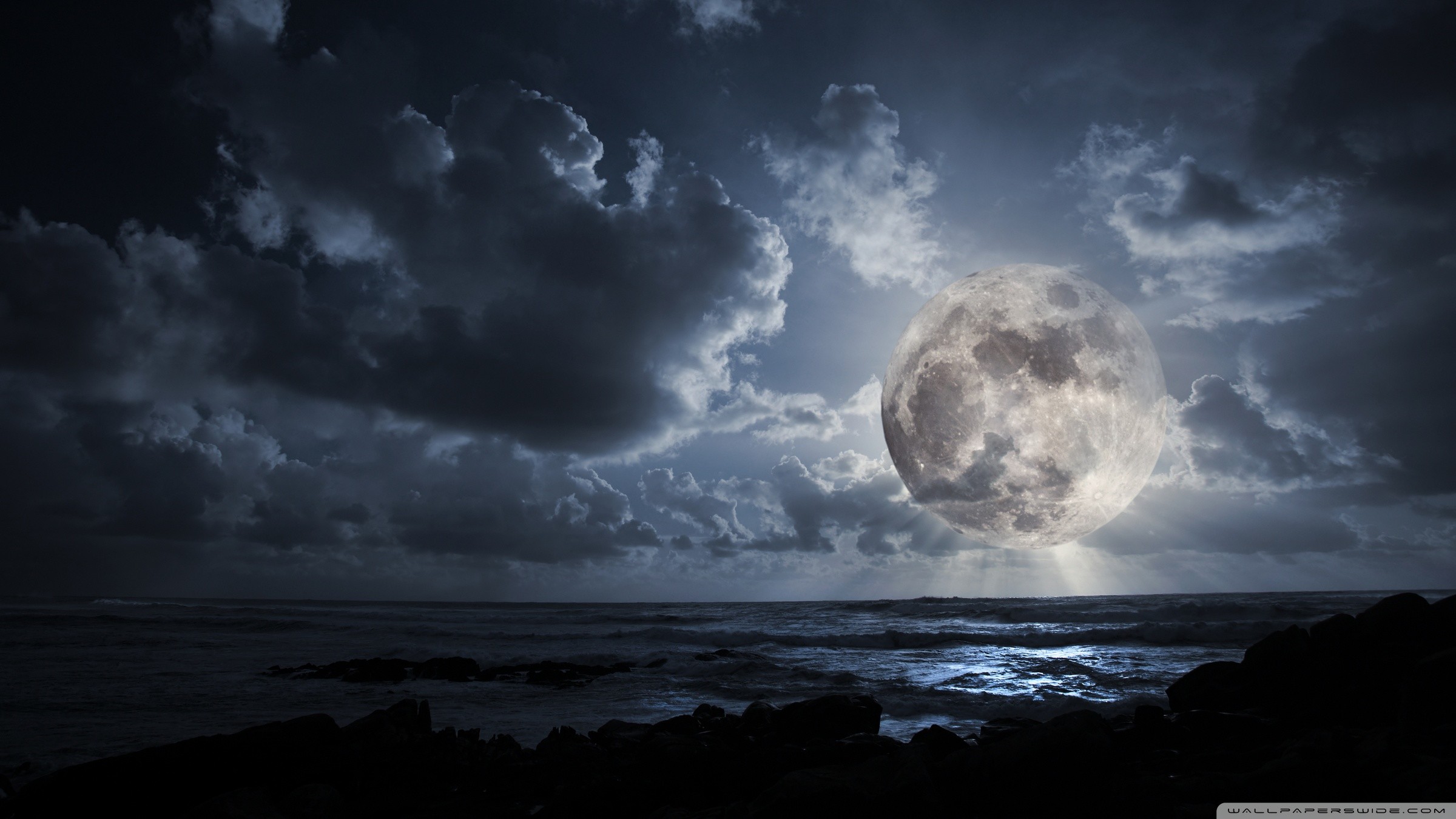 Luna piena, Nuvole, Mare, Notte, Full HD, sfondo desktop