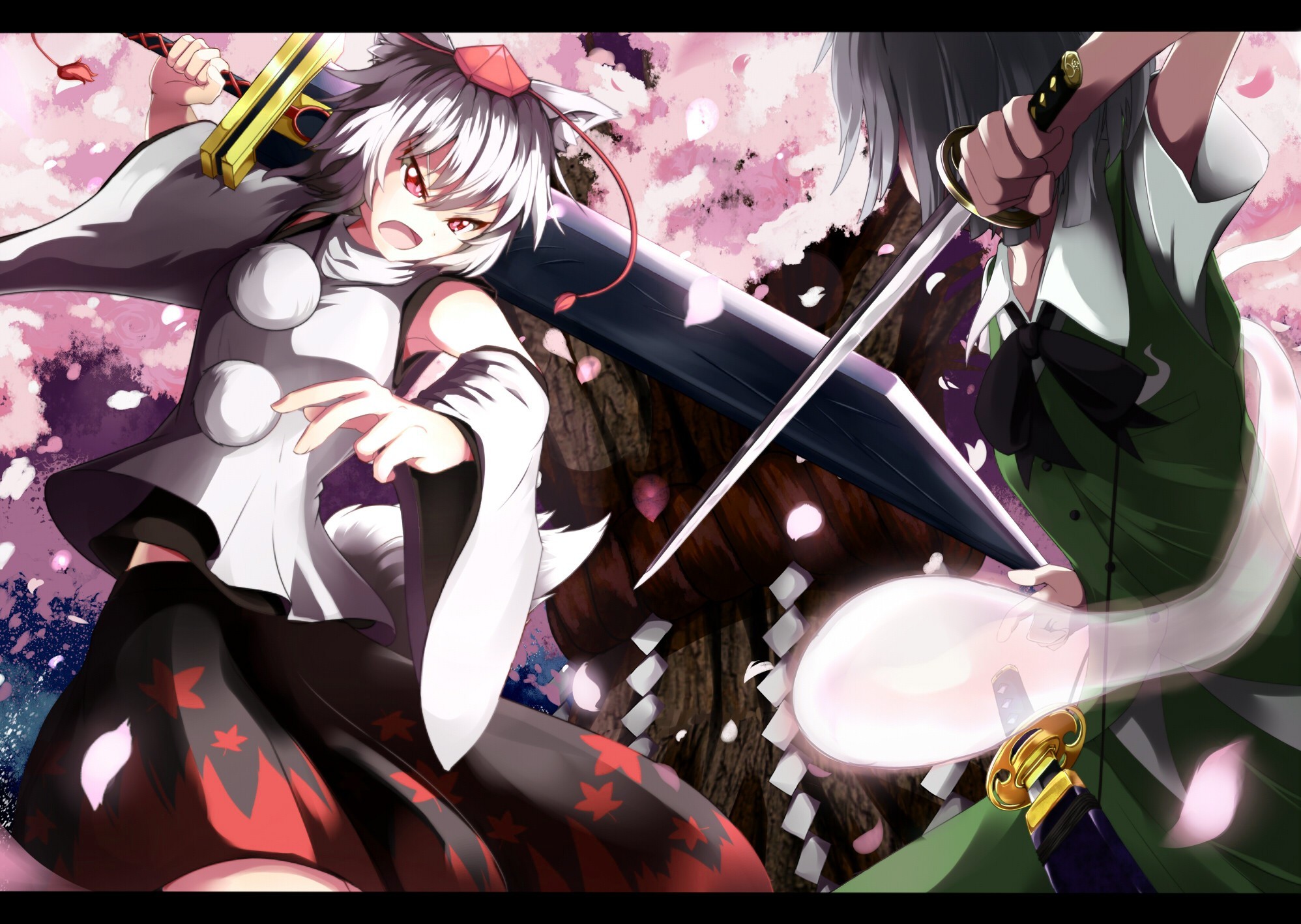 Momiji Inubashiri, Touhou Project, Spada, Fiori di ciliegio, Full HD, sfondo desktop