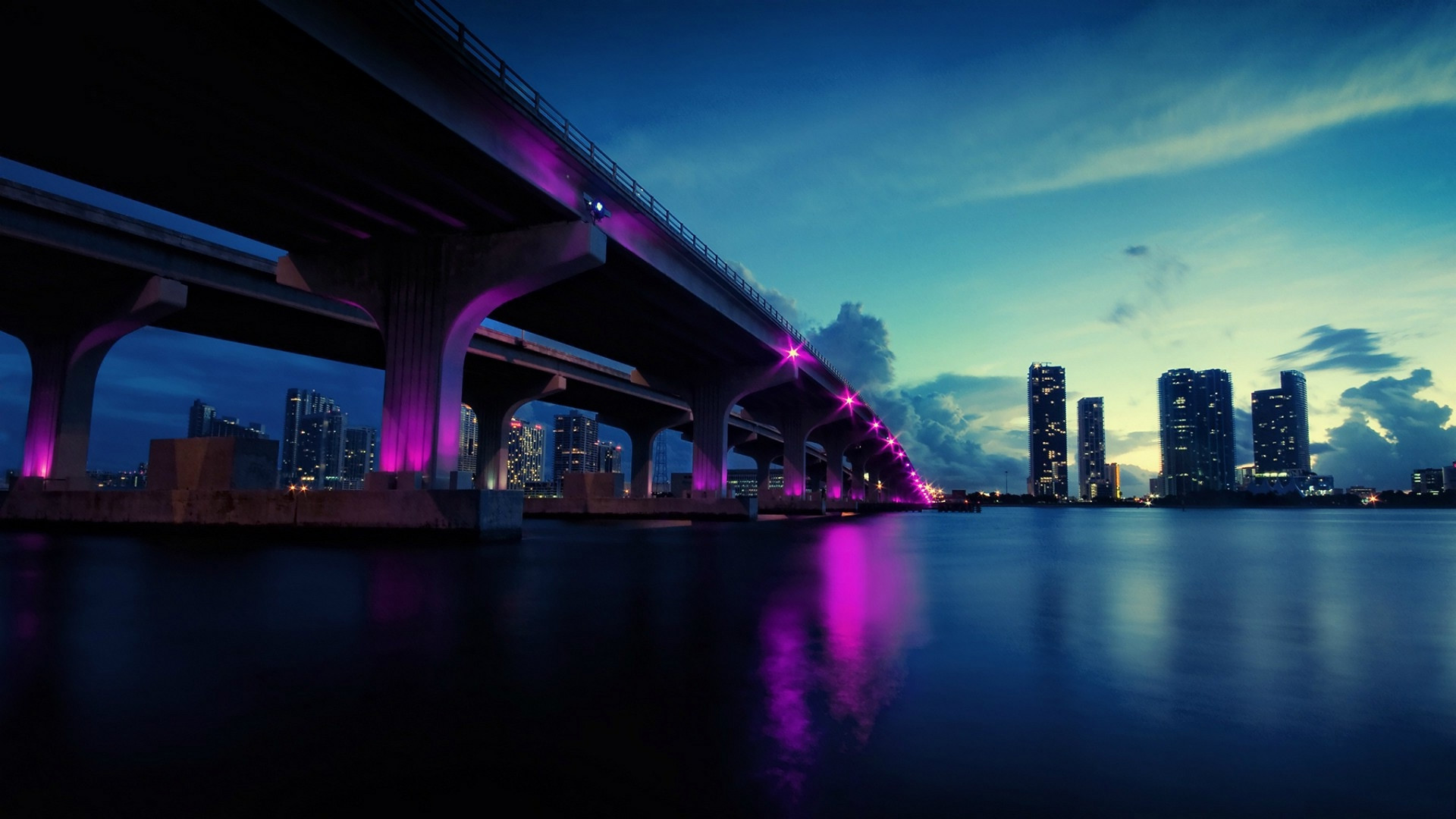 MacArthur Causeway, Miami, Luci viola, Crepuscolo, 1920x1080, immagine di sfondo