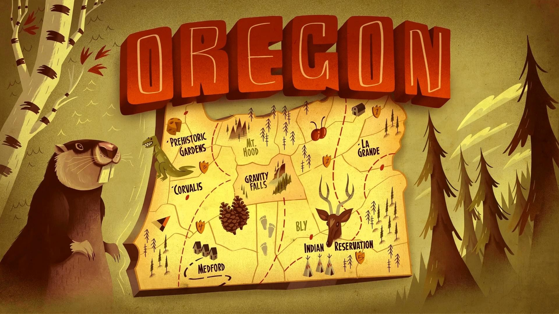 Gravity Falls, Oregon, Mappa, Marmotta, Foresta, Full HD 1080p, sfondo desktop