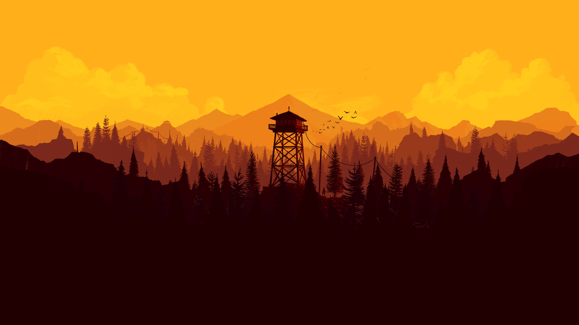 Firewatch, Torre di avvistamento, Cielo giallo, Foresta, Full HD, sfondo desktop