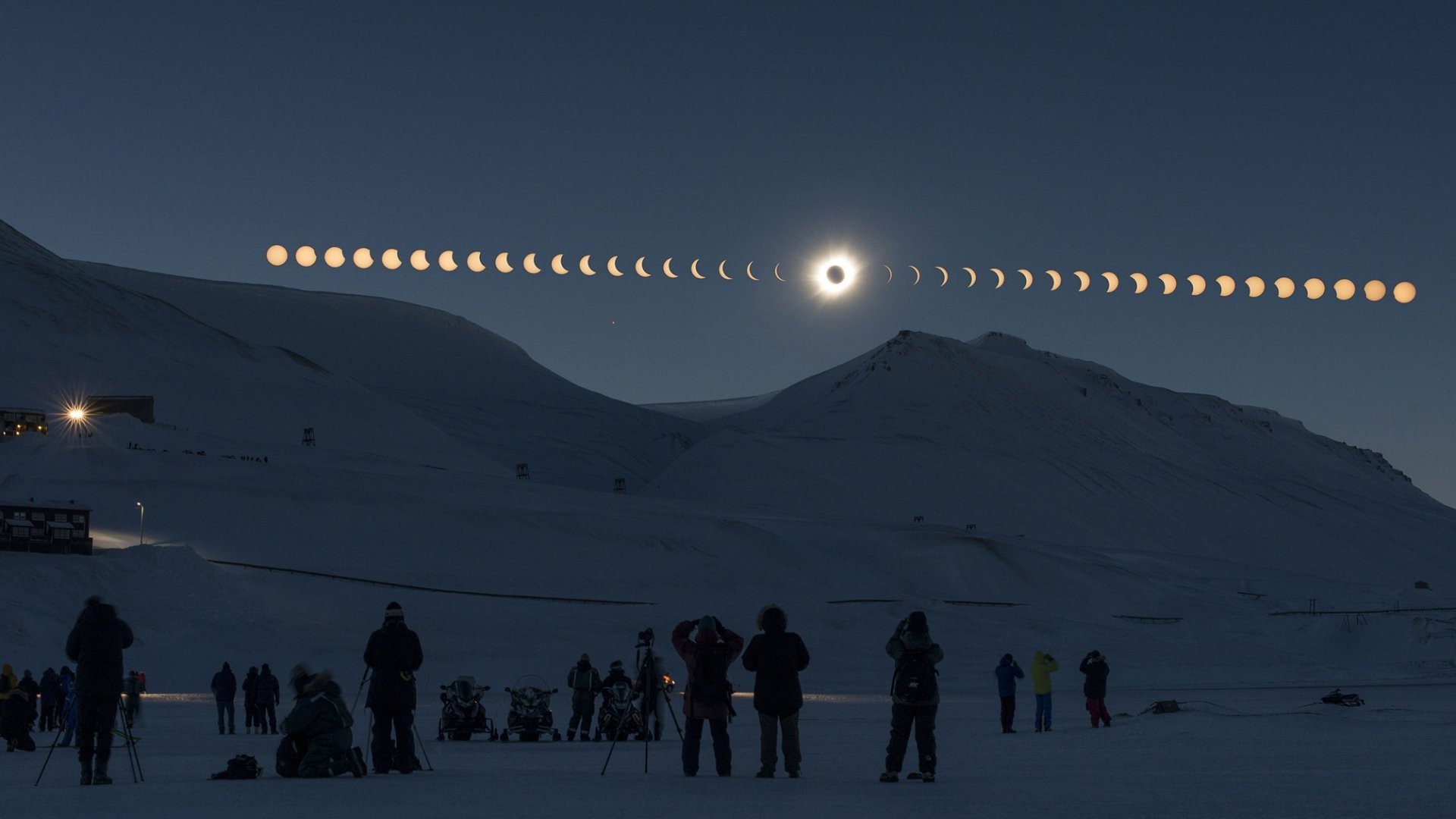 Eclissi solare totale, Svalbard, Sequenza, Neve, Full HD, sfondo per portatile