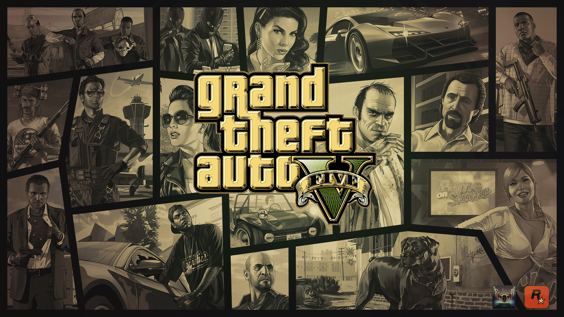 Grand Theft Auto V, Logo, Seppia, Collage, 1920x1080, sfondo per PC