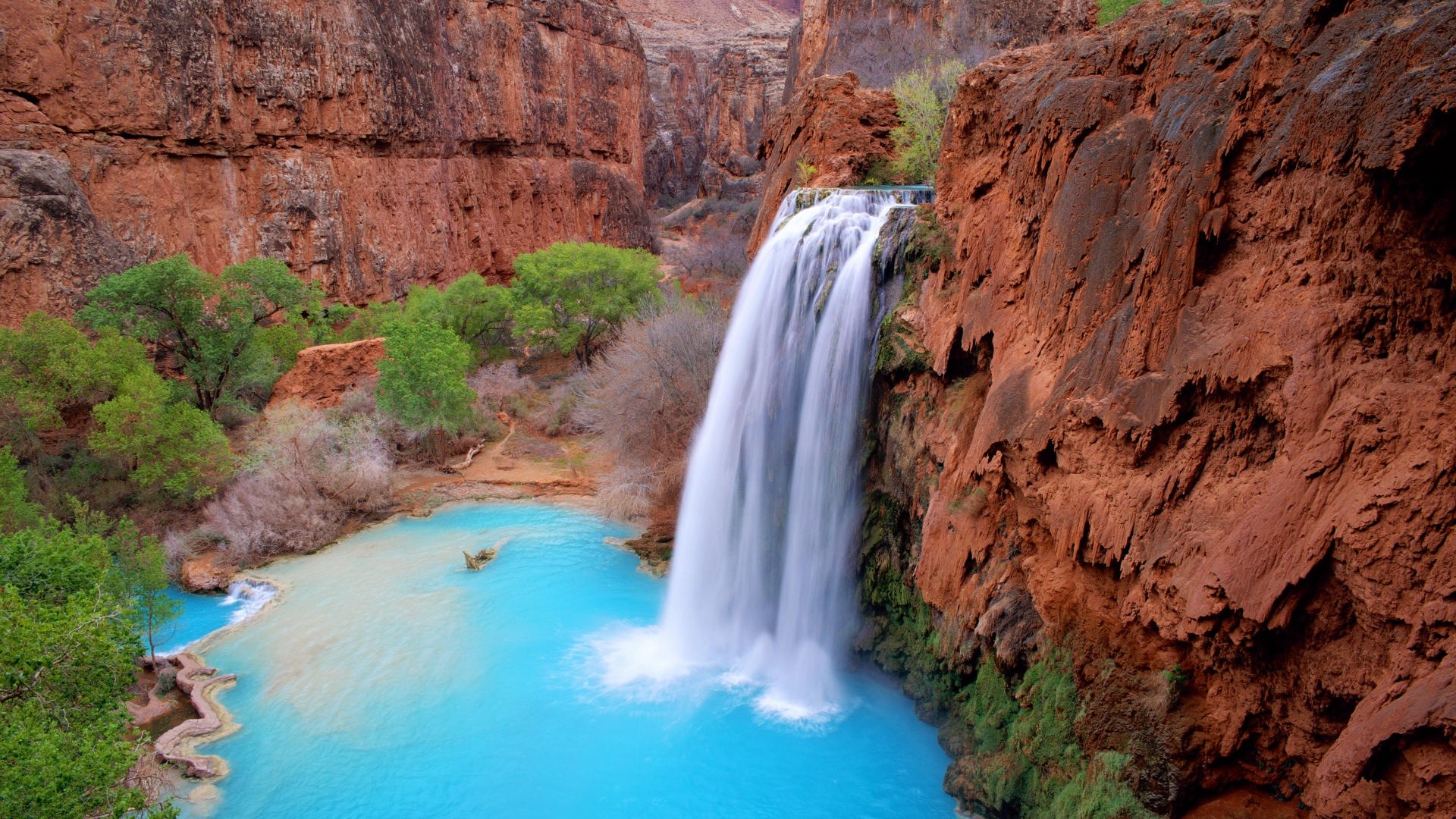 Havasu Falls, Grand Canyon, Arizona, Cascata, Acqua turchese, Rocce rosse, sfondo desktop Full HD