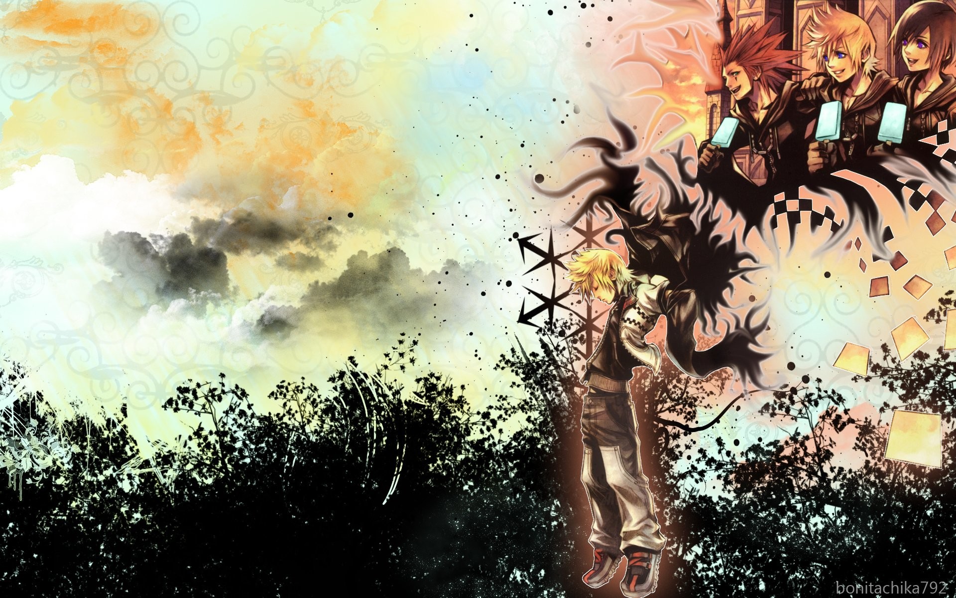 Roxas, Kingdom Hearts, Organizzazione XIII, Acquerello, Tramonto, sfondo per portatile