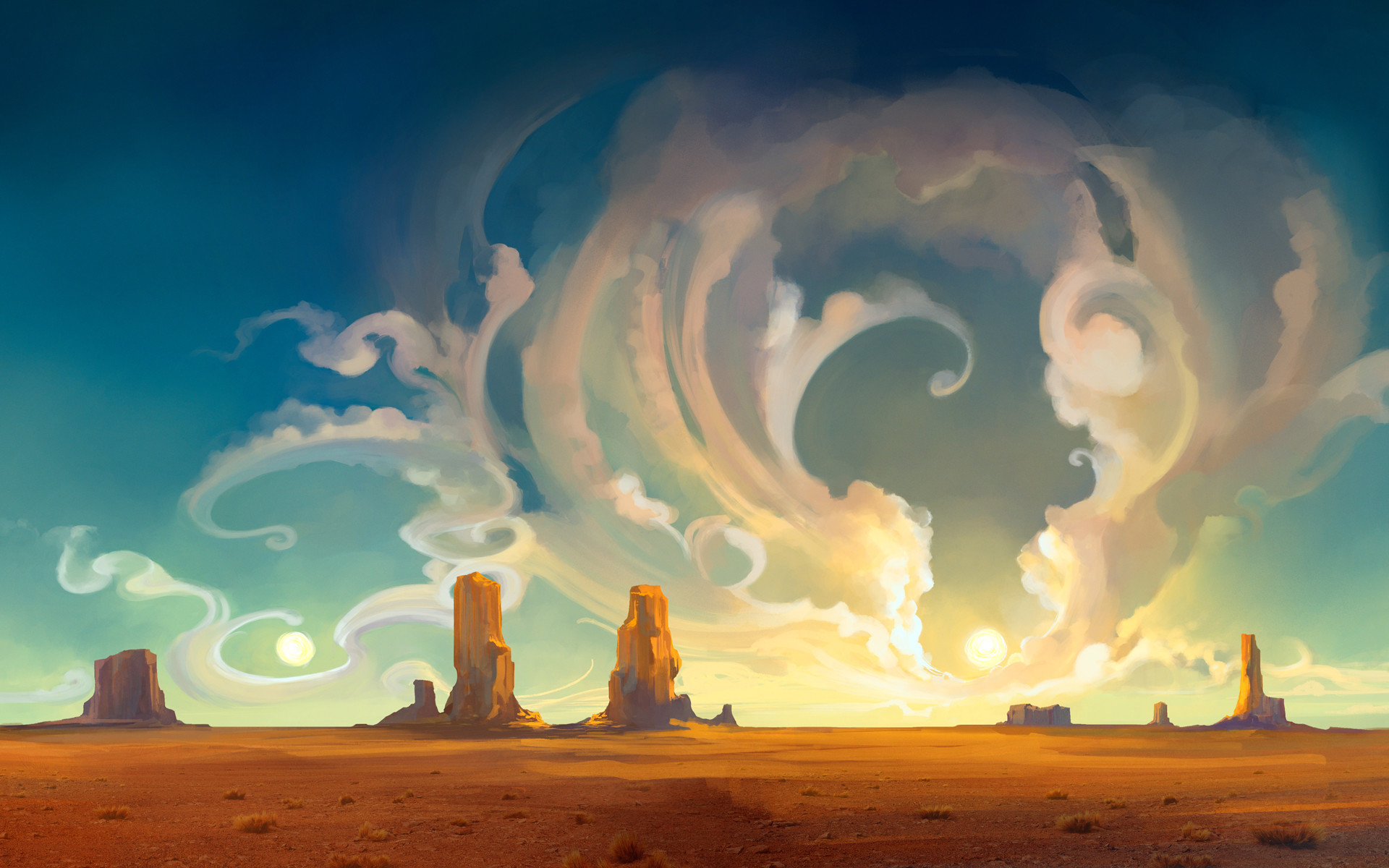 Deserto, Nuvole surreali, Pittura, Tramonto, 1920x1200, sfondo per PC
