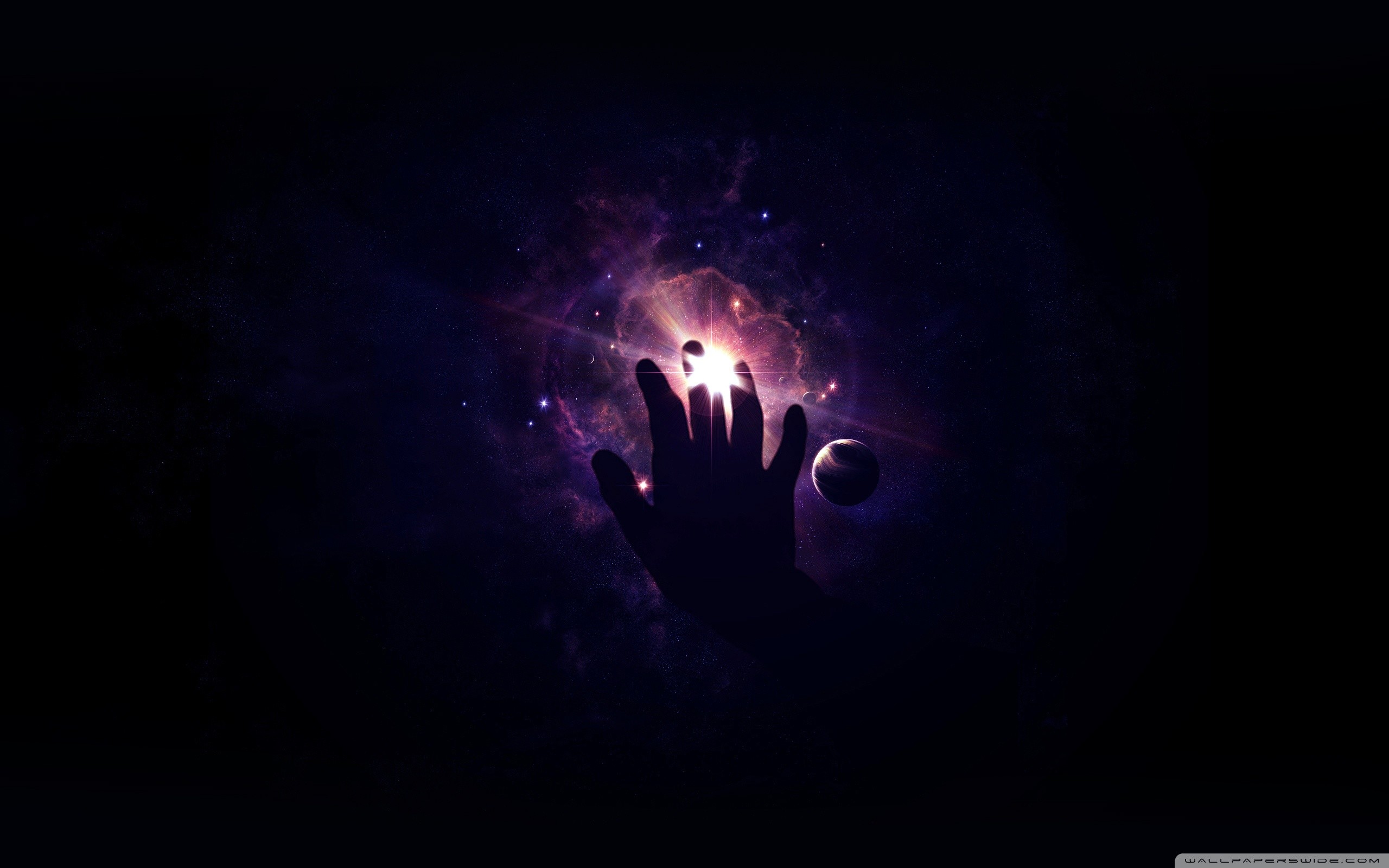 Mano, Pianeti, Universo, Sfondo scuro, 2K, wallpaper per portatile