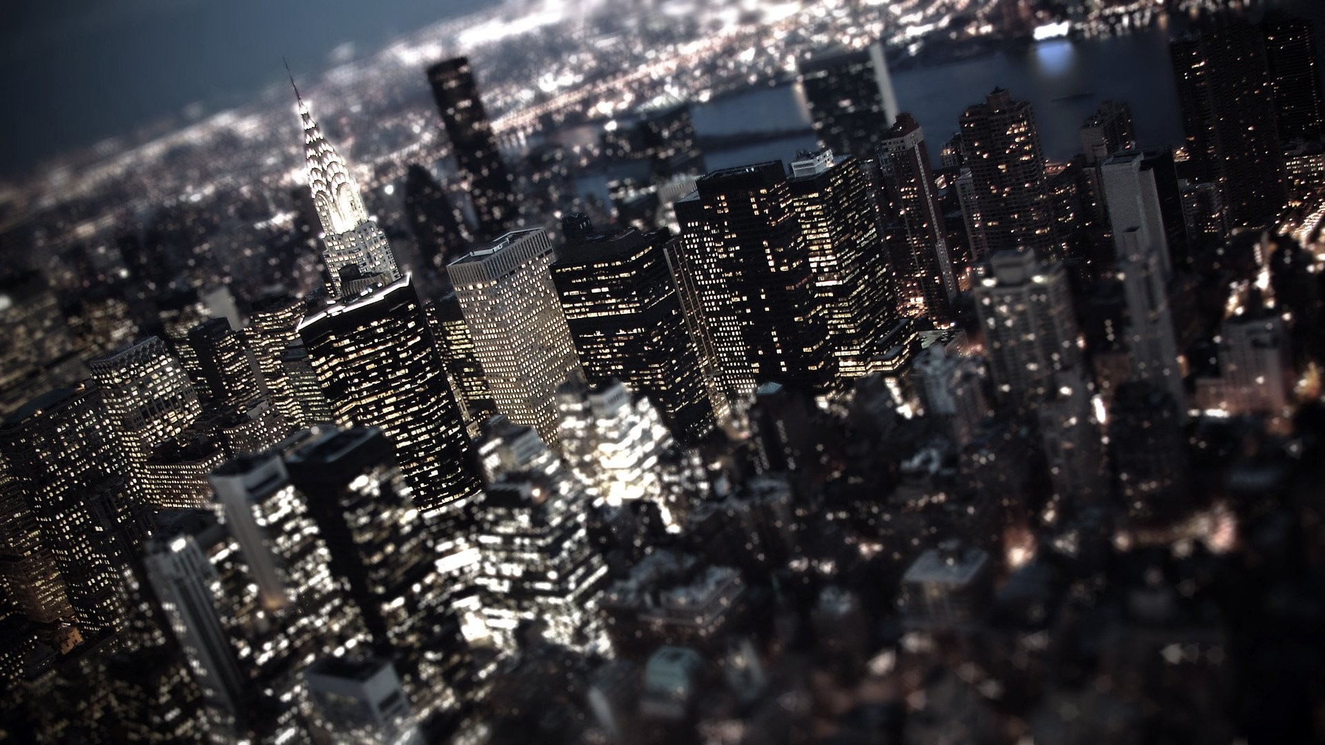 Chrysler Building, Manhattan, Tilt-shift, Notte, Full HD 1080p, sfondo desktop