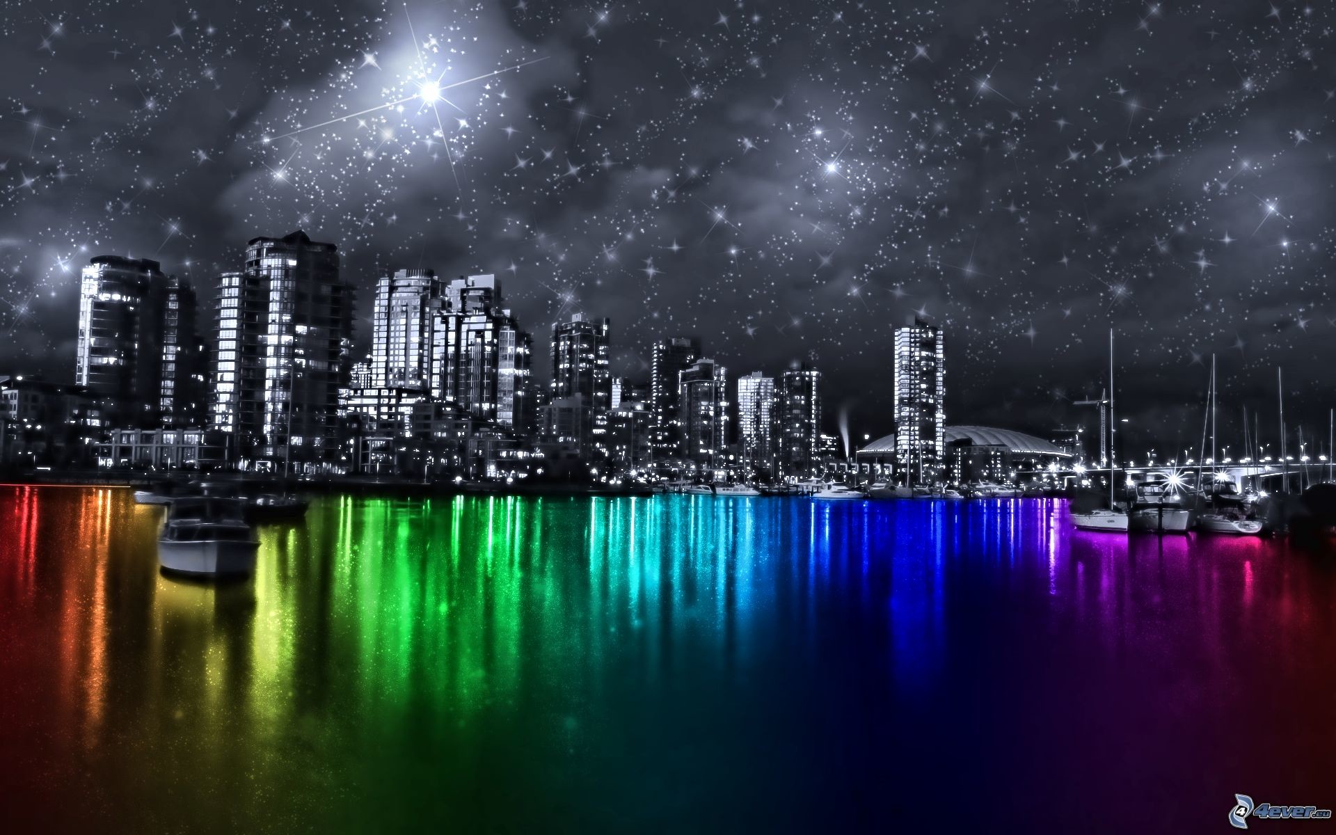 Vancouver, Skyline, Riflessi arcobaleno, Cielo stellato, Full HD, wallpaper per PC