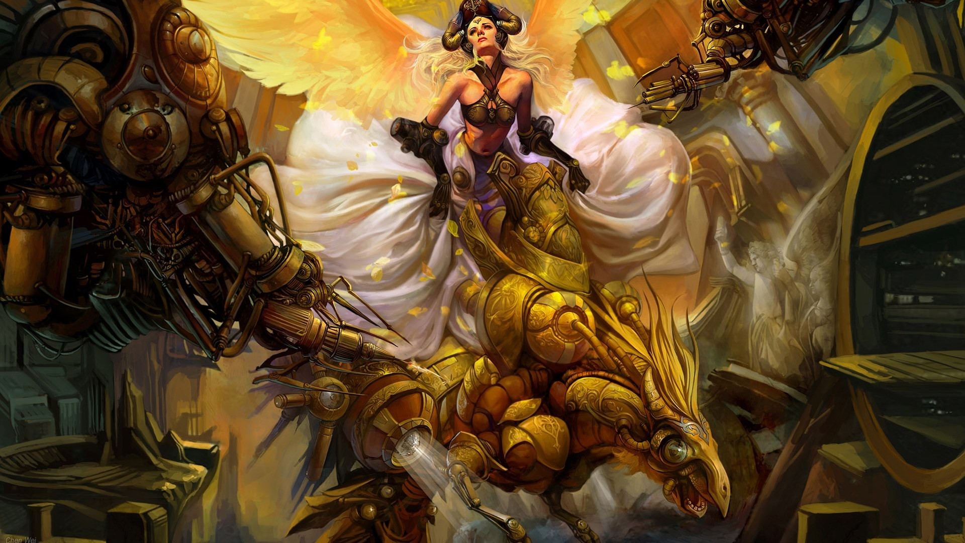 Donna, Armatura dorata, Fantasy, Steampunk, 16:9 Full HD, sfondo widescreen