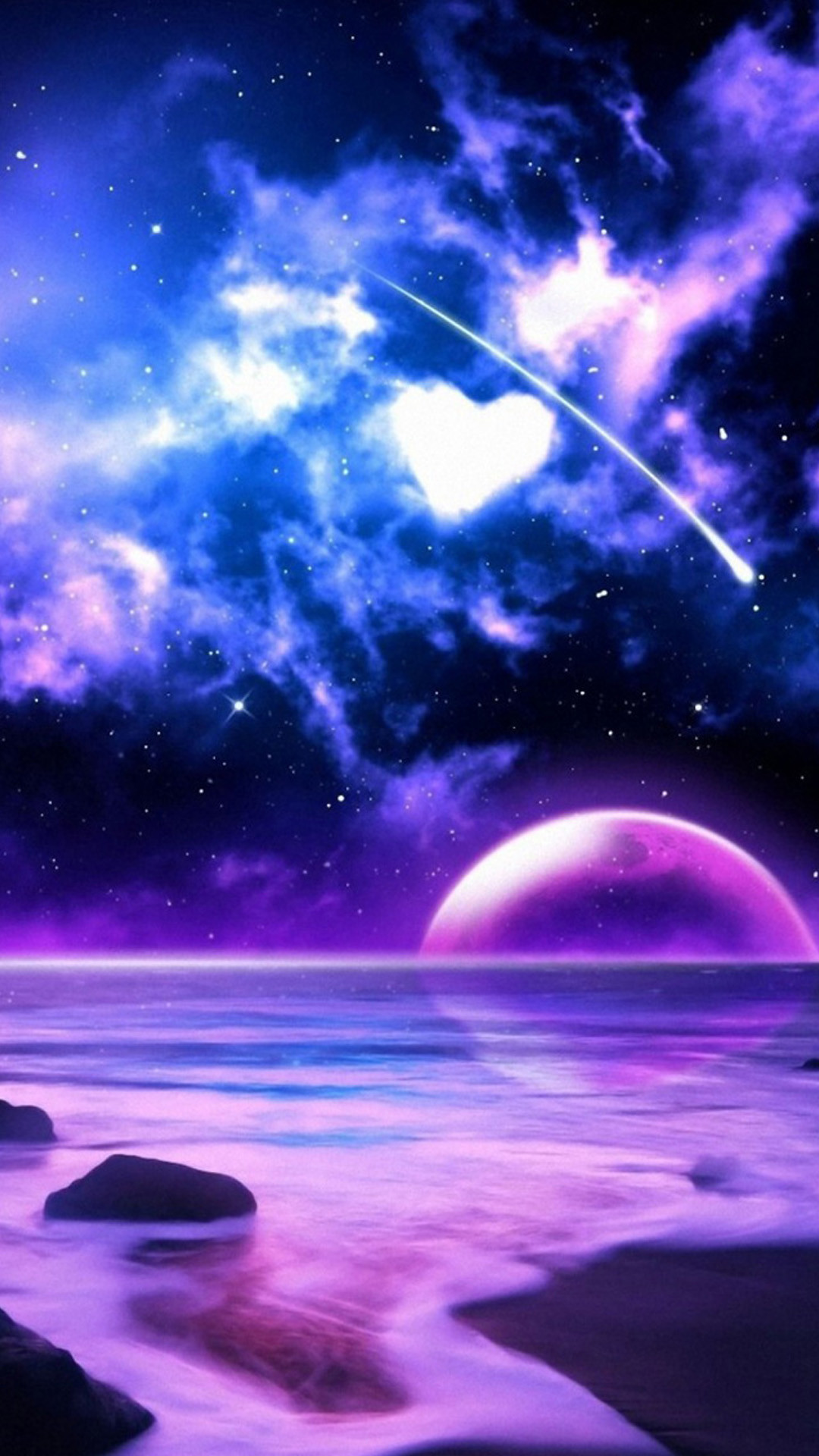 Galassia, Pianeta, Cuore, Mare, Paesaggio fantasy, Full HD, sfondo per smartphone