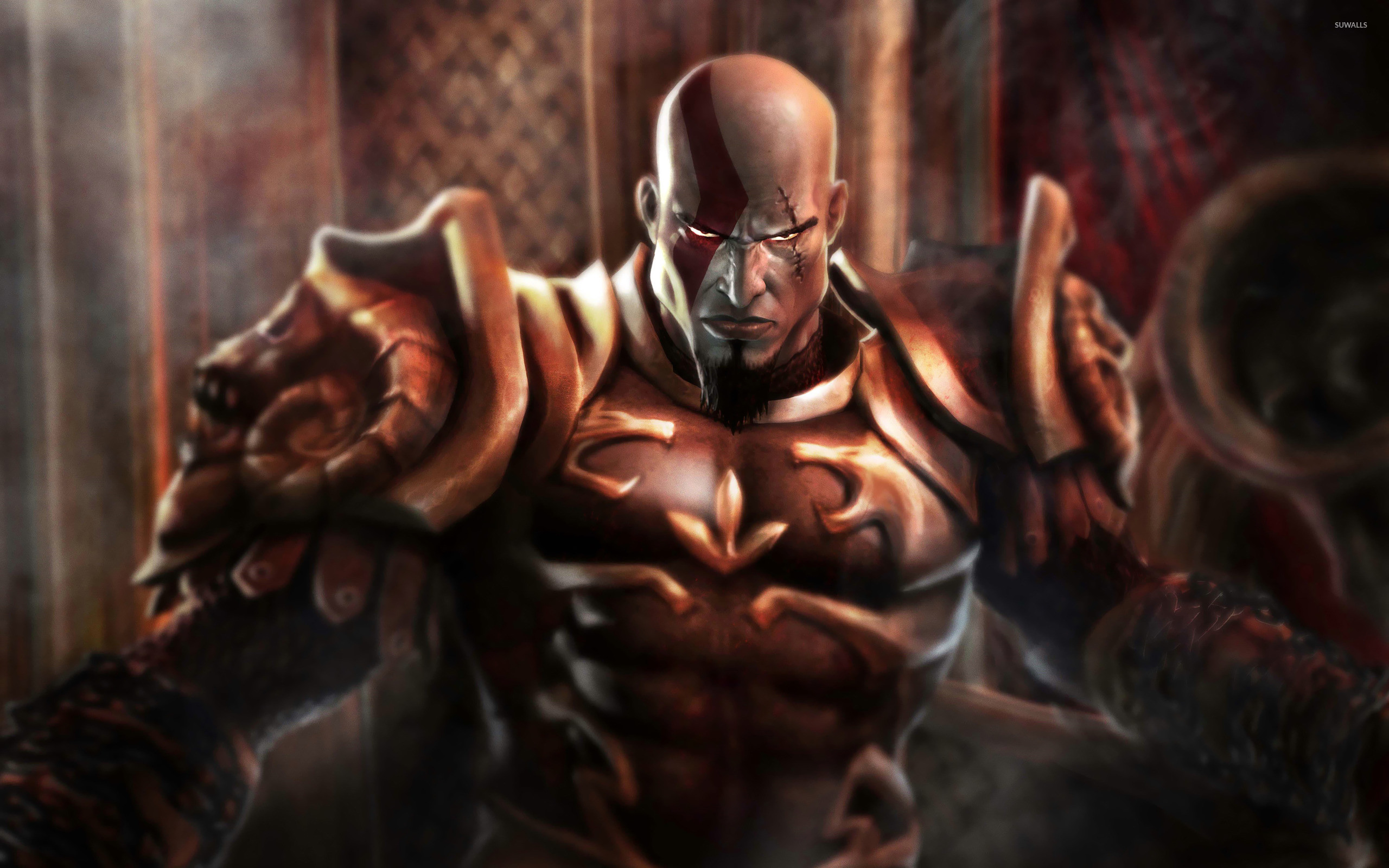Kratos, God of War, Armatura, Trono, Arte digitale, 2K, sfondo per PC e portatile