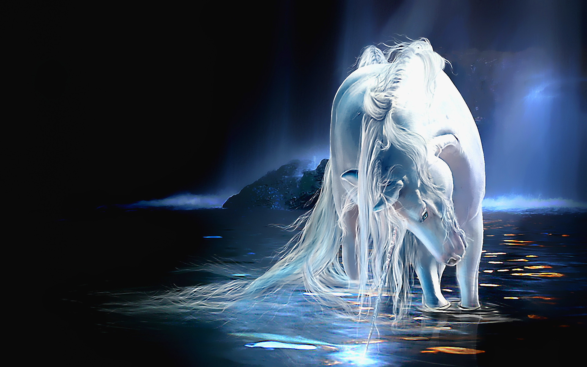 Unicorno bianco, Acqua, Notte, Fantasy, 1920x1200, sfondo MacBook Pro