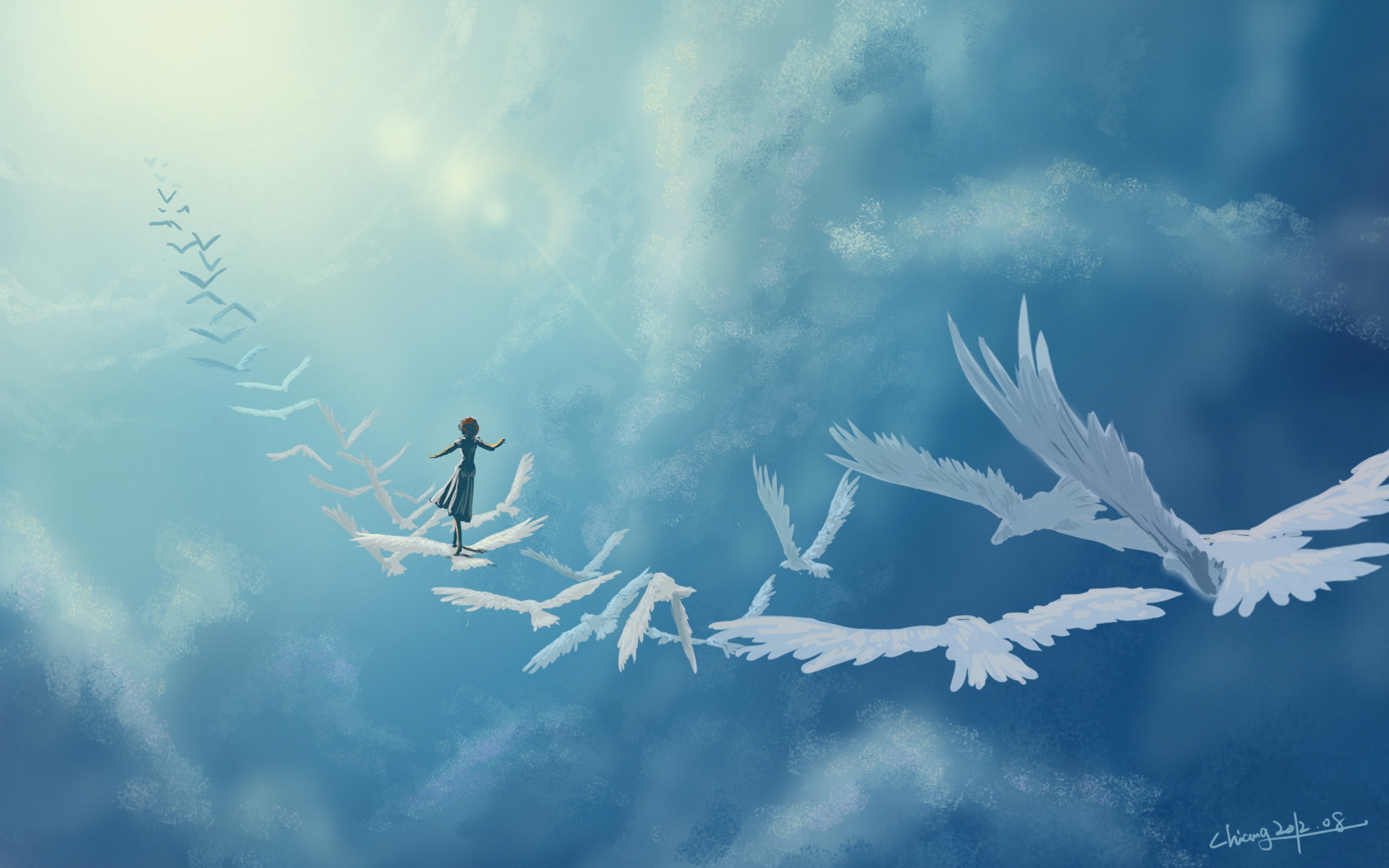 Uccelli bianchi, Cielo, Fantasy, Azzurro, 1920x1200, immagine di sfondo