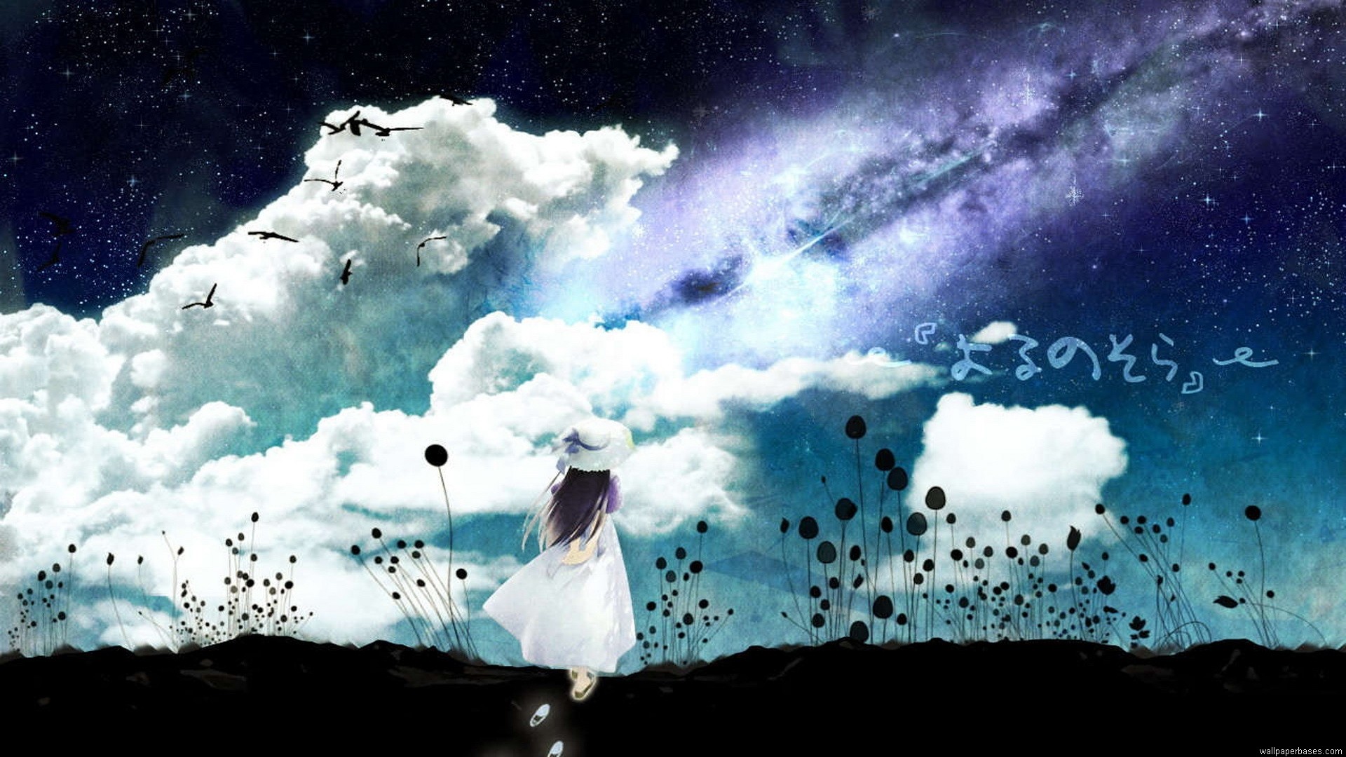 Ragazza, Nuvole, Via Lattea, Anime, Silhouette, Full HD 1080p, sfondo desktop