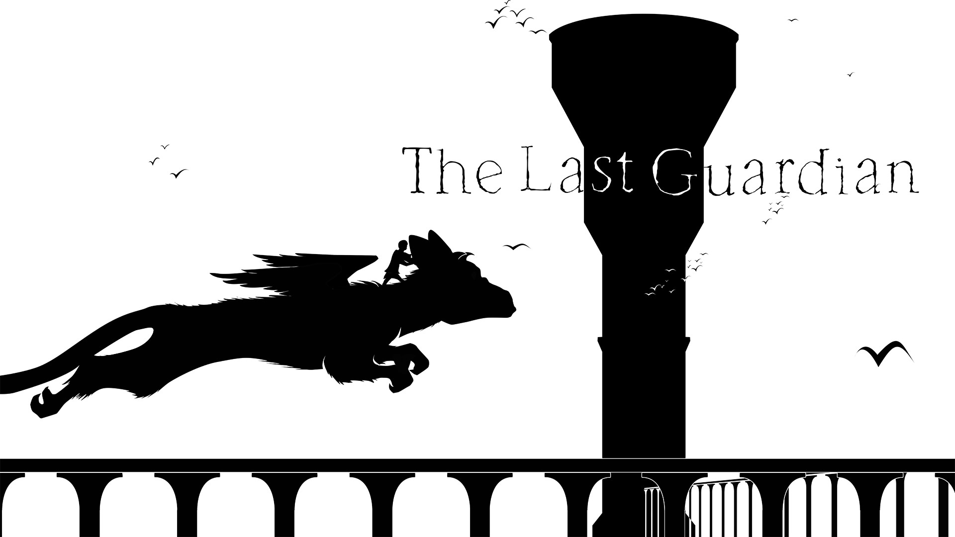 Trico, The Last Guardian, Silhouette, Torre, Bianco e nero, Full HD, sfondo Windows 11