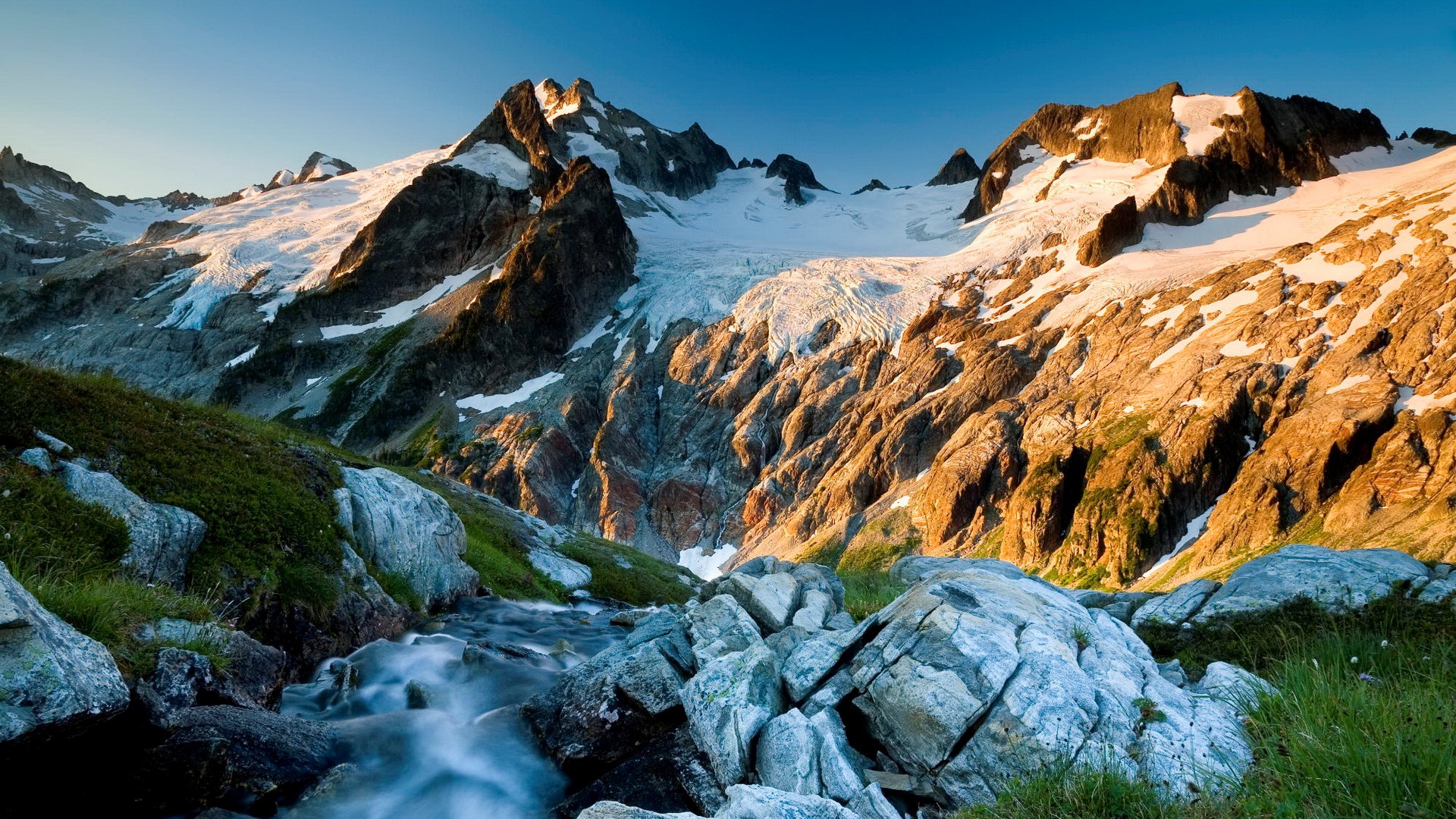 North Cascades, Ghiacciaio, Rocce, Torrente, Vette, Full HD, sfondo desktop
