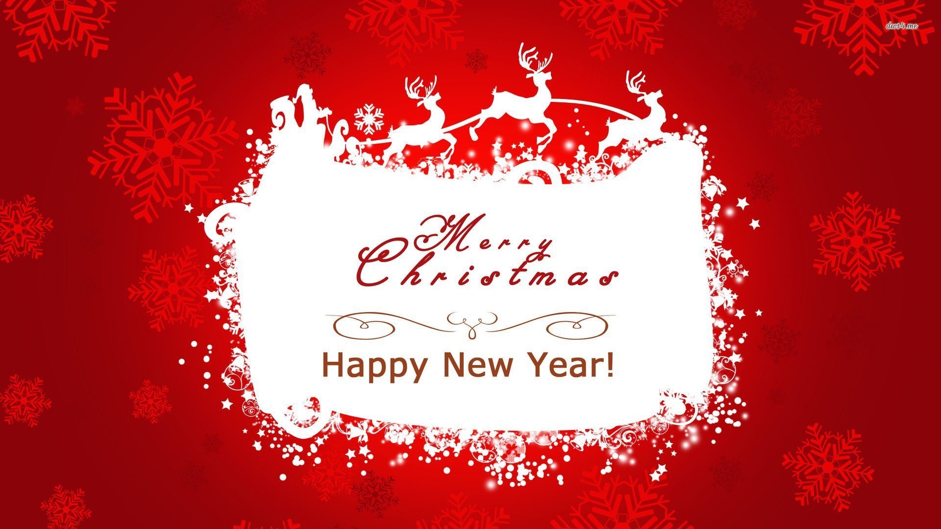 Merry Christmas, Buon Anno, Renne, Fiocchi di neve, Rosso, Full HD, sfondo desktop