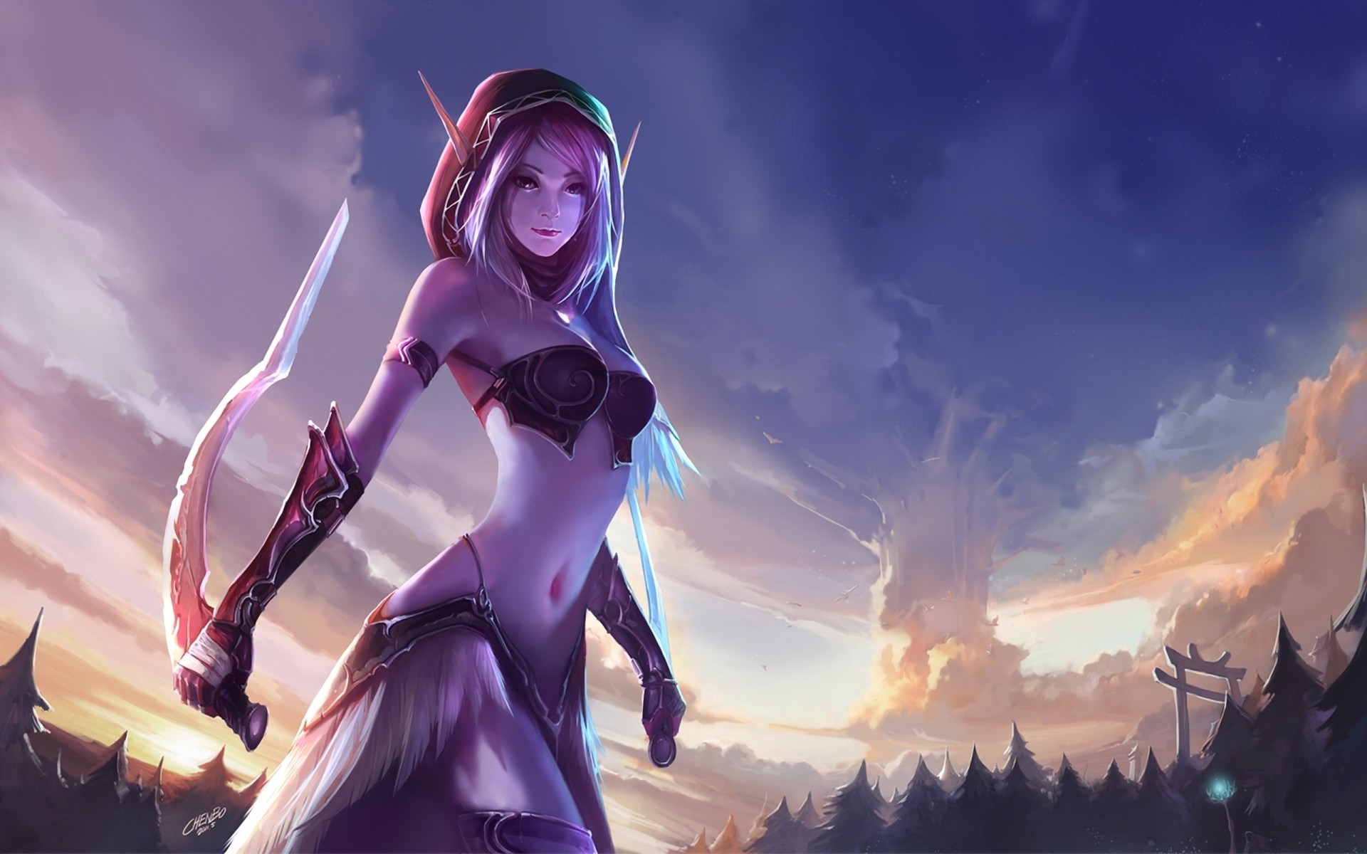 Elfa del sangue, World of Warcraft, Spada, Tramonto, Fantasy, 16:10 Full HD, sfondo widescreen