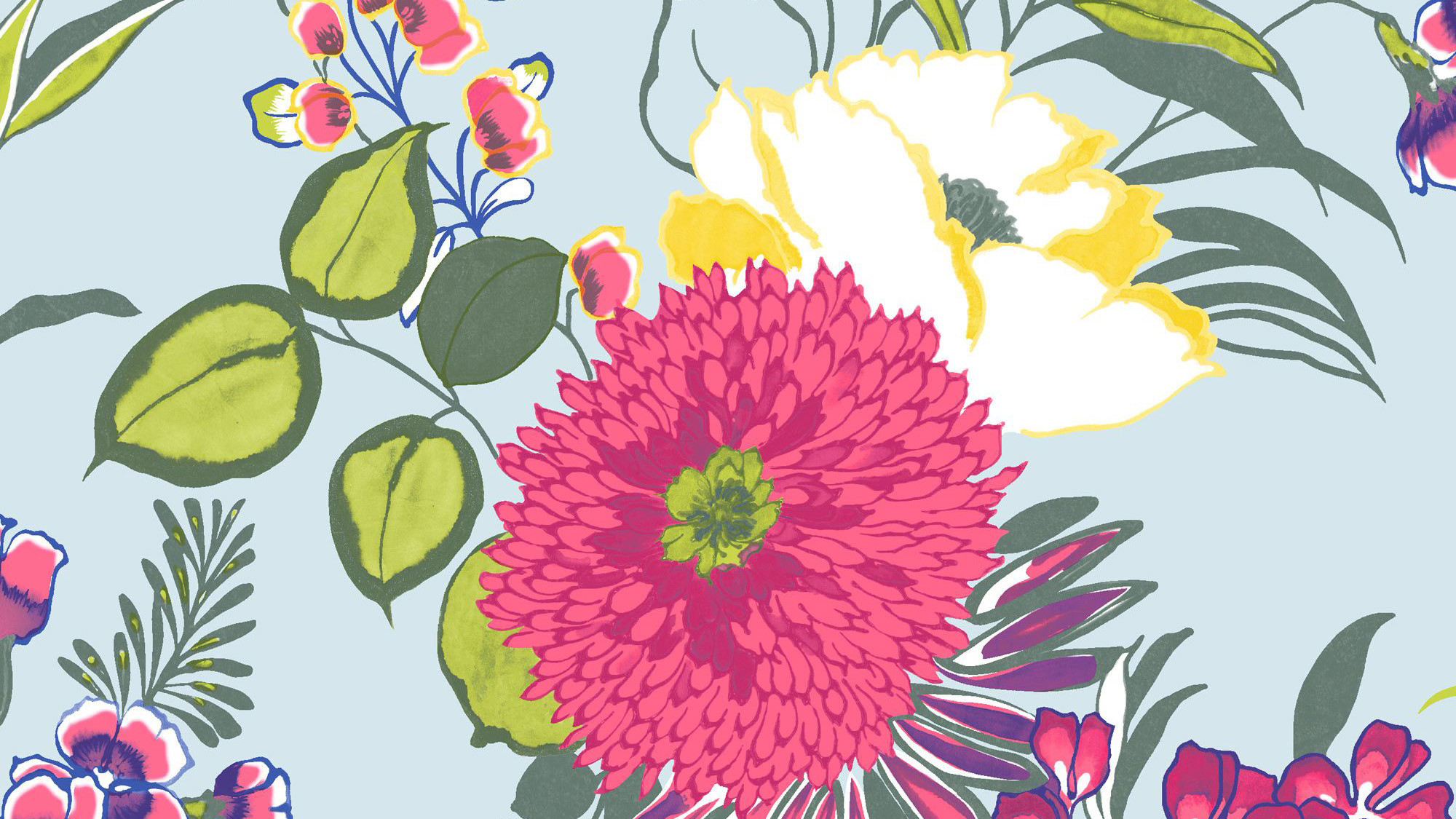 Dalia, Fiori tropicali, Illustrazione, Azzurro, 16:9 Full HD, sfondo widescreen
