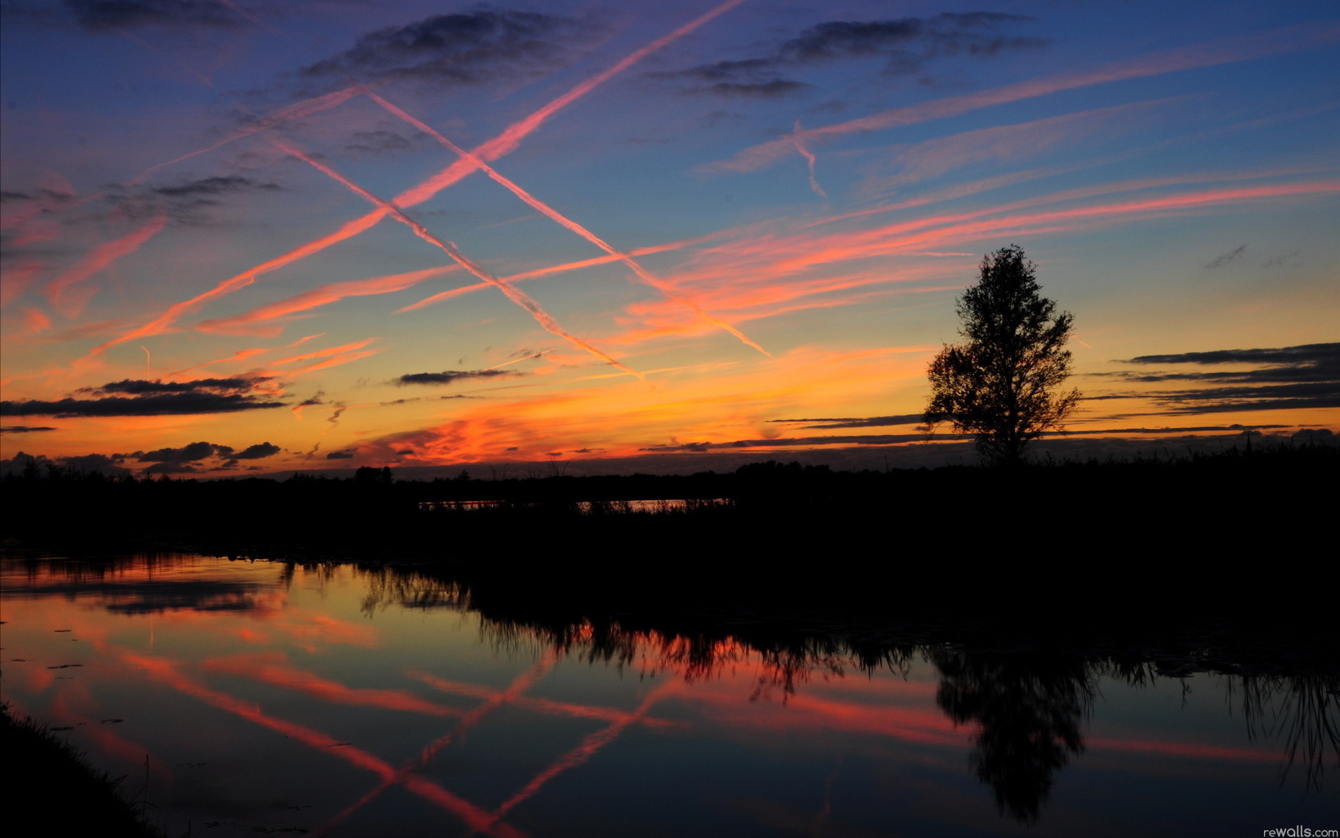 Tramonto, Scie di aerei, Albero, Riflesso, sfondo Mac