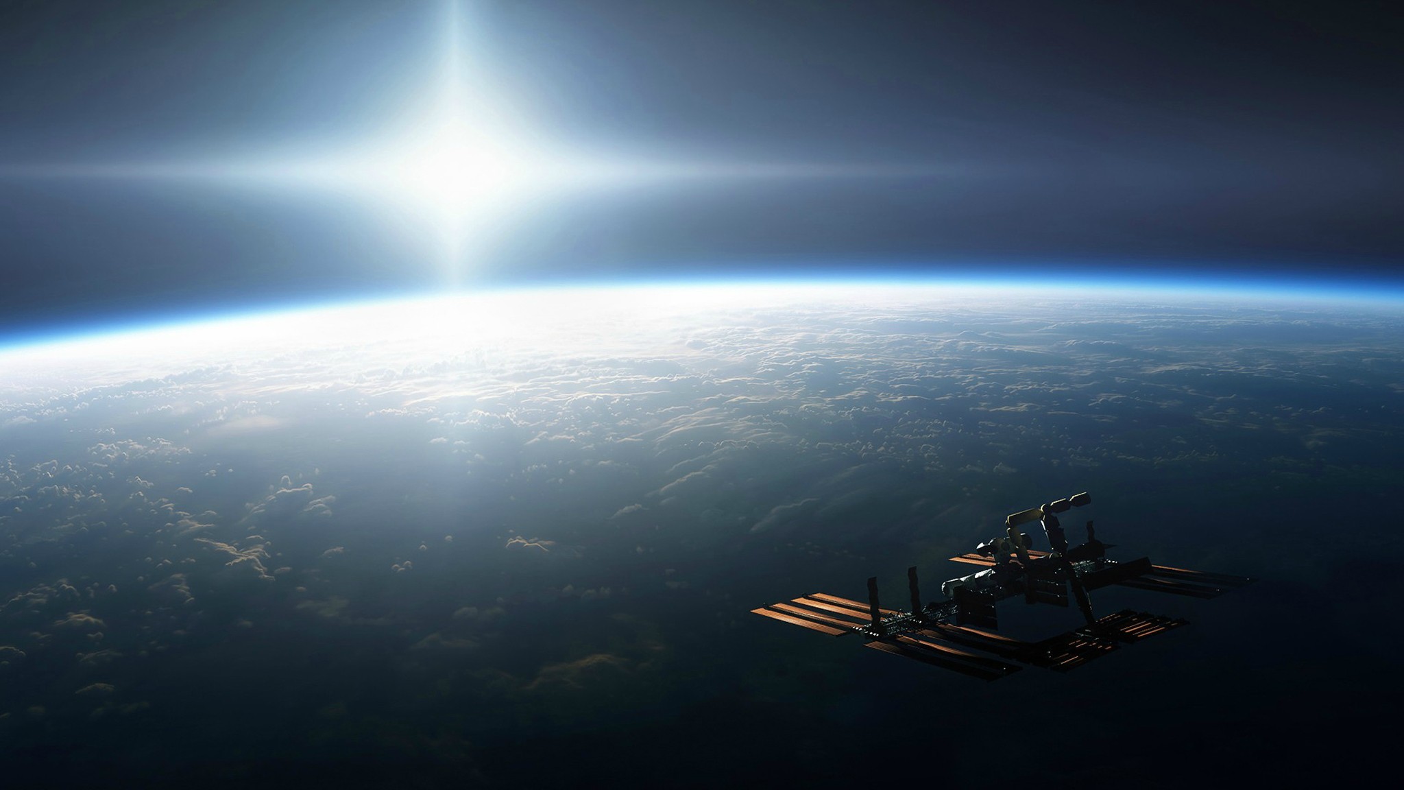 Stazione Spaziale Internazionale, Terra, Alba orbitale, Sole, Full HD, sfondo Windows 11