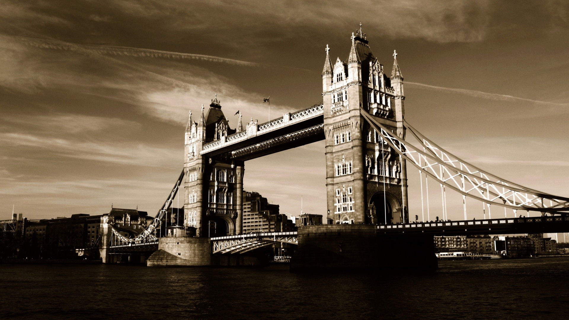 Tower Bridge, Tamigi, Londra, Seppia, 16:9 Full HD, wallpaper widescreen