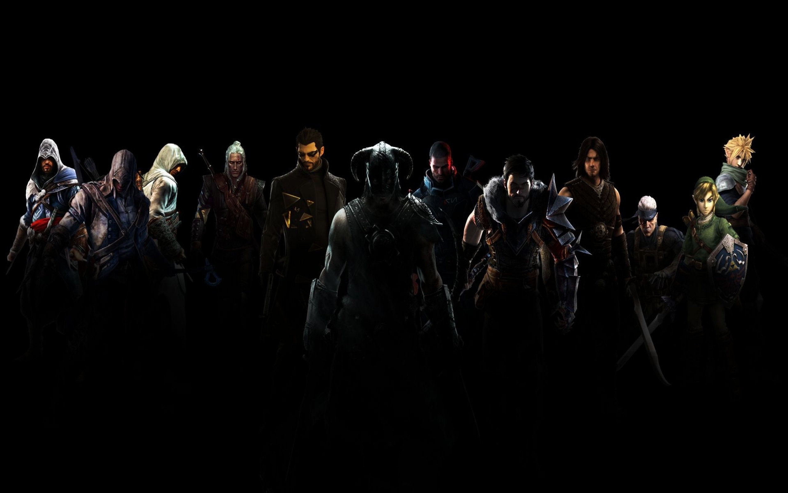 Link, Eroi dei videogiochi, Ezio Auditore, Gruppo, Sfondo nero, 16:10 2K, wallpaper widescreen