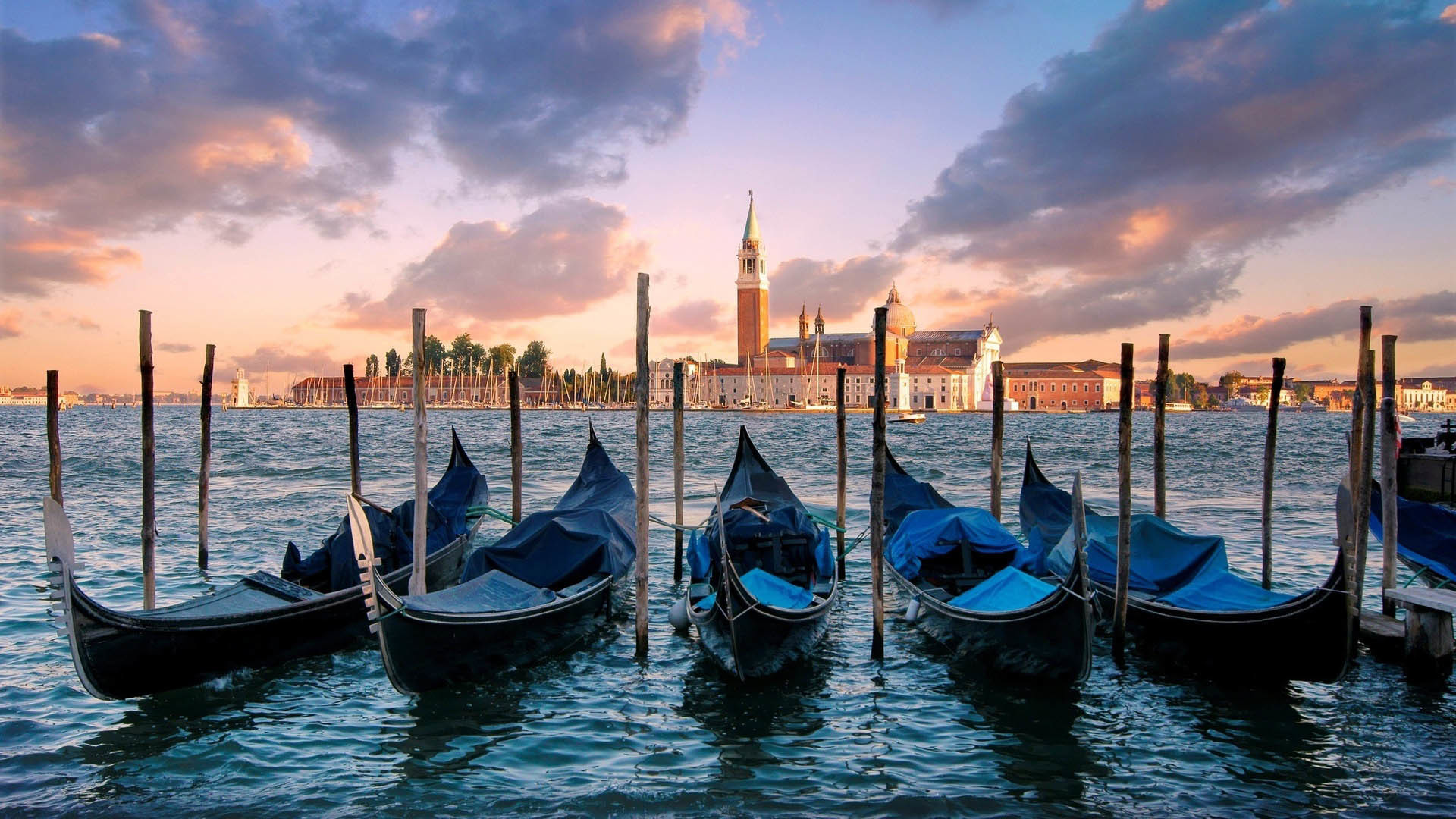 Gondole, San Giorgio Maggiore, Venezia, Italia, Full HD, sfondo desktop