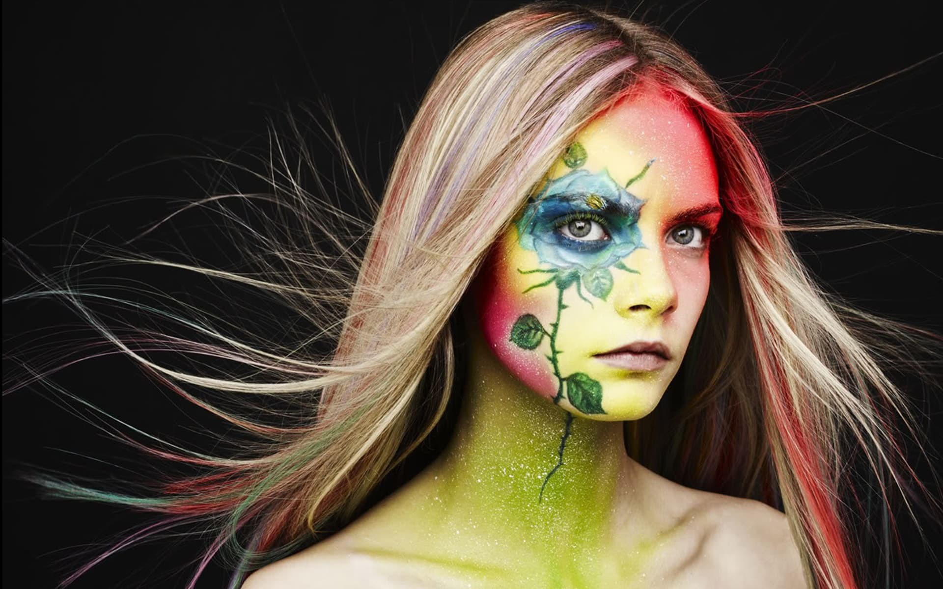 Cara Delevingne, Body painting, Trucco artistico, Sfondo nero, Colori vivaci, wallpaper desktop